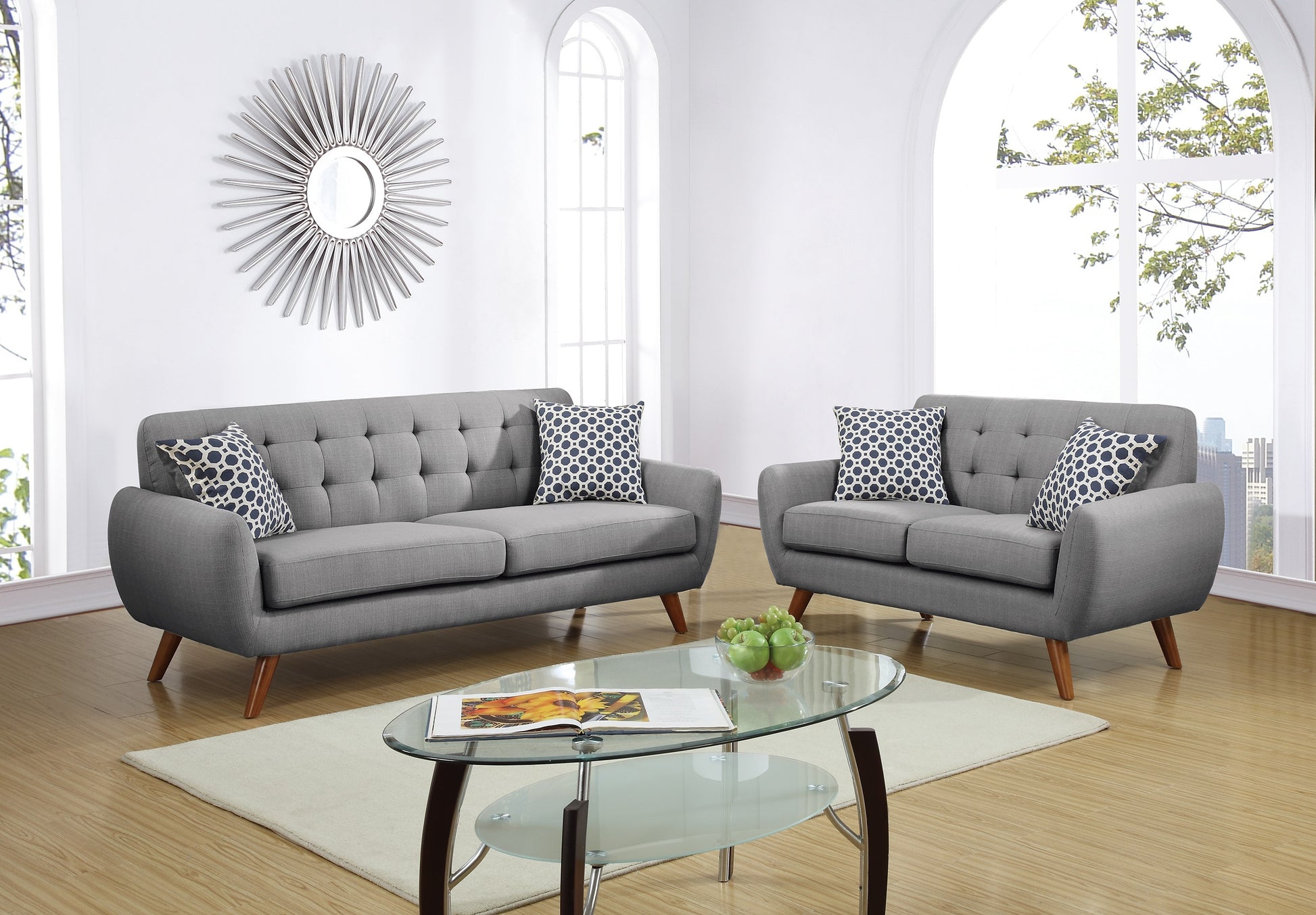 Grey Polyfiber Sofa And Loveseat 2Pc Sofa Set Living Room Furniture Plywood Tufted Couch Pillows Grey Primary Living Space Tufted Back Mid Century Modern,Modern Pine Flared Arms Plywood 4 Seat