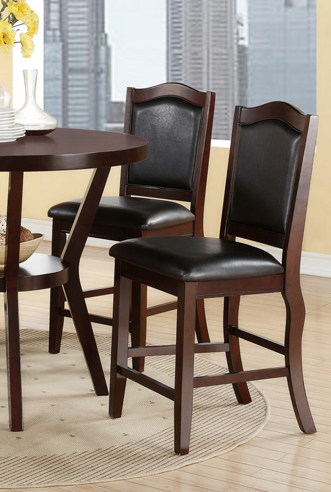 Dark Brown Wood Finish Set Of 2 Counter Height Chairs Faux Leather Upholstery Seat Back Kitchen Dining Room Chair Dark Brown Brown Dining Room Contemporary,Traditional Dining Chairs Rubberwood Solid Back Solid Wood