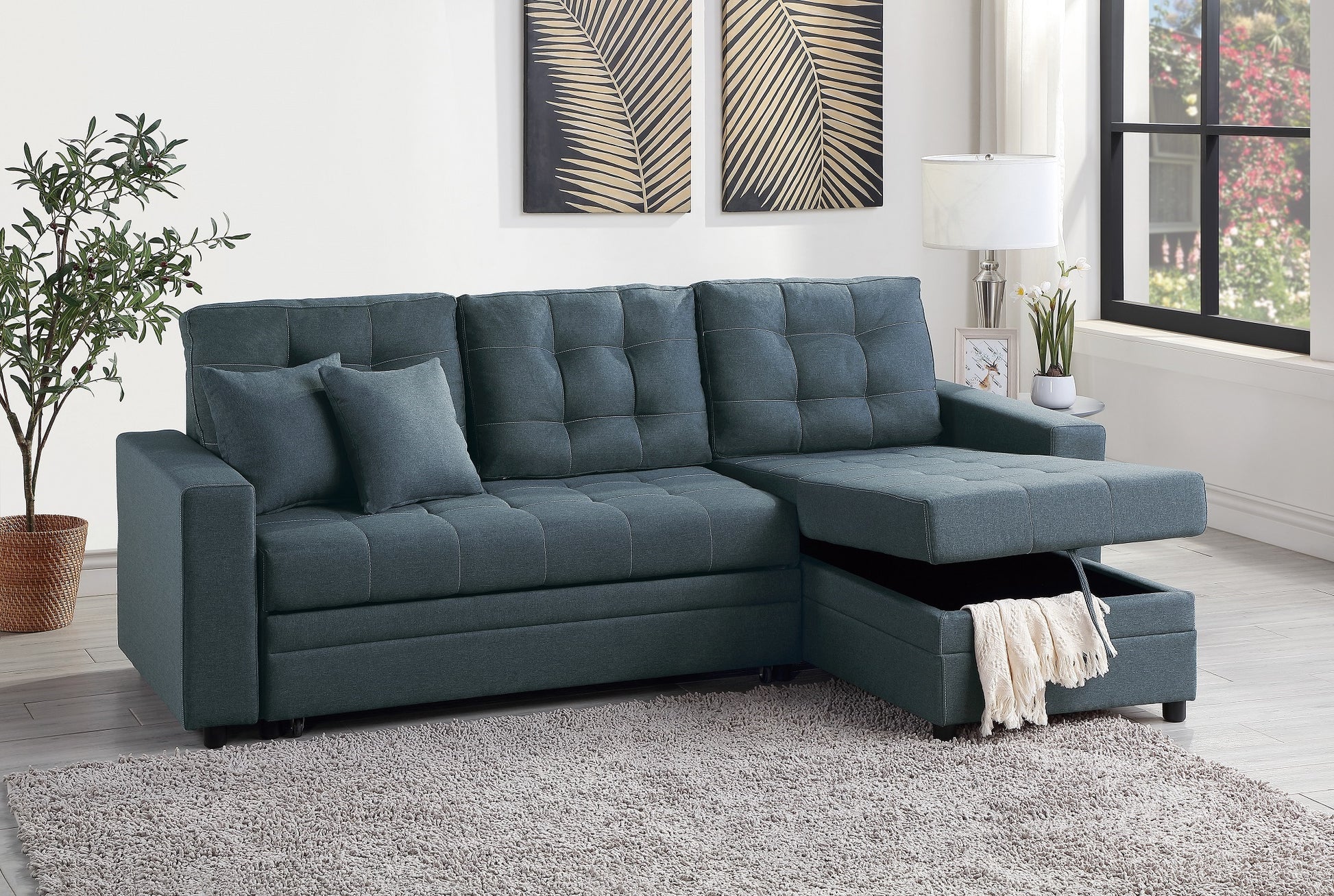 Blue Grey Convertible Sectional Pull Out Bed Sofa Chaise Reversible Storage Chaise Polyfiber Tufted Couch Lounge Blue Gray Primary Living Space Tufted Back Contemporary,Modern,Transitional L Shaped Pine Square Arms Plywood 3 Seat