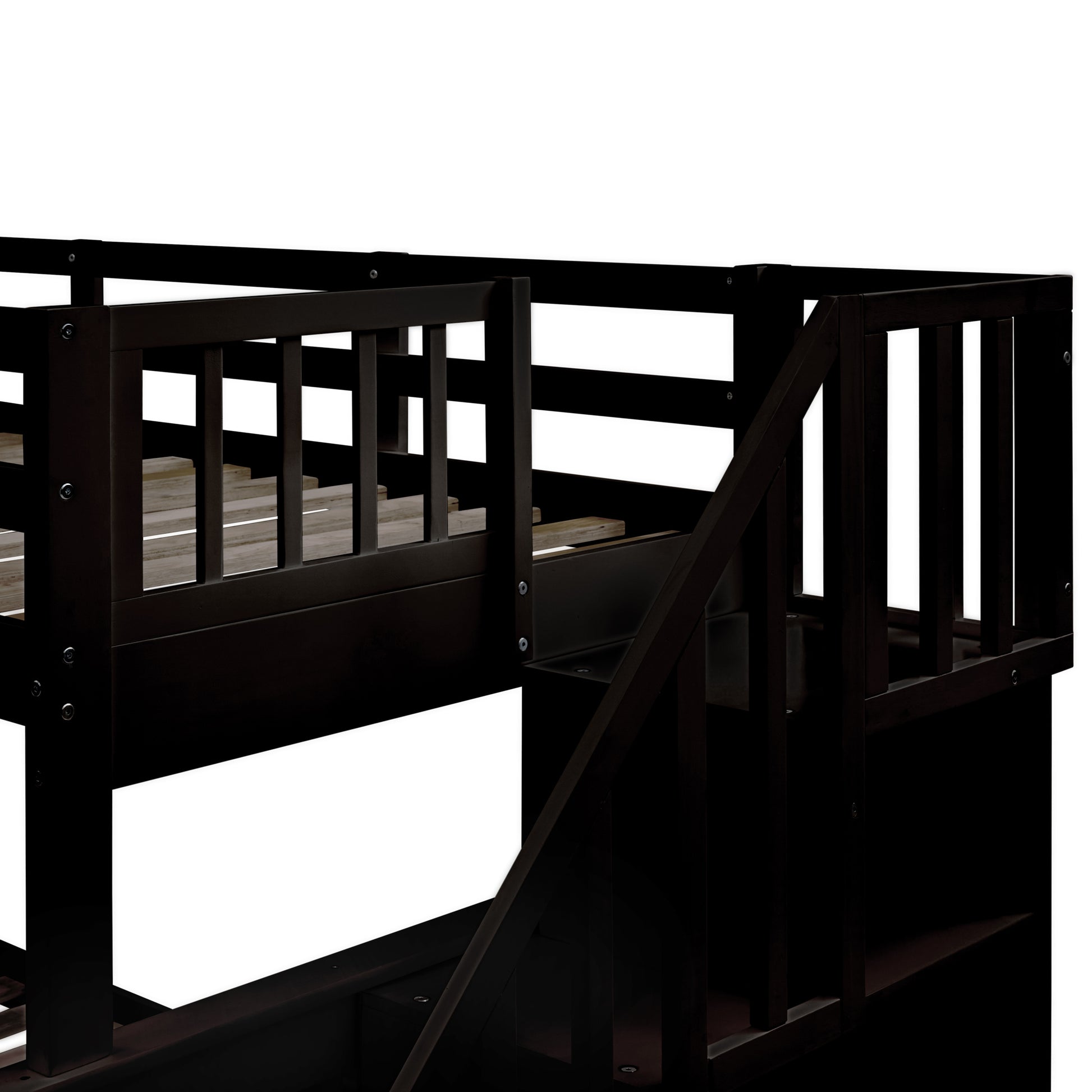 Twin Over Full Bunk Bed With Twin Size Trundle, Storage And Guard Rail For Bedroom, Dorm, For Adults, Espresso Old Sku :Lt000119Aap Twin Espresso Solid Wood