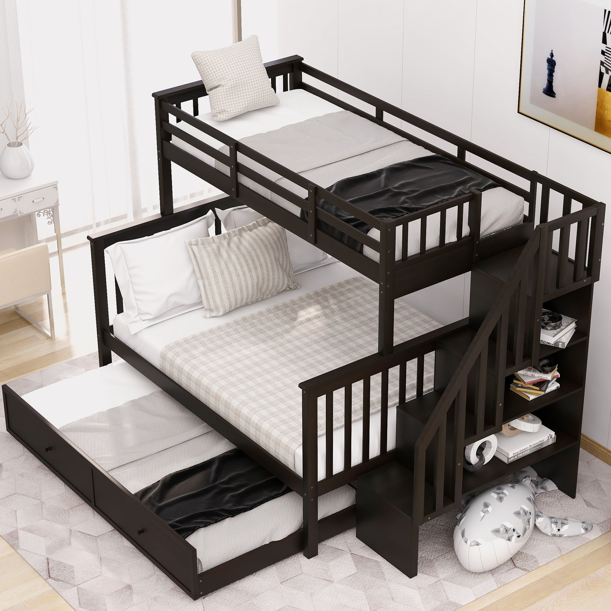 Twin Over Full Bunk Bed With Twin Size Trundle, Storage And Guard Rail For Bedroom, Dorm, For Adults, Espresso Old Sku :Lt000119Aap Twin Espresso Solid Wood