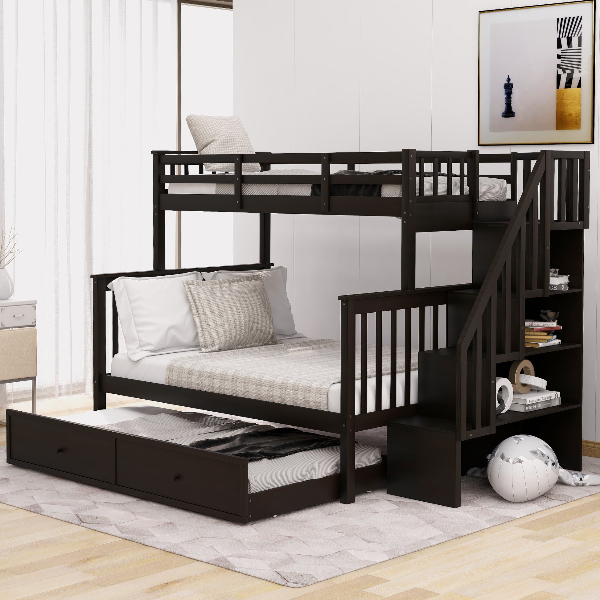 Twin Over Full Bunk Bed With Twin Size Trundle, Storage And Guard Rail For Bedroom, Dorm, For Adults, Espresso Old Sku :Lt000119Aap Twin Espresso Solid Wood