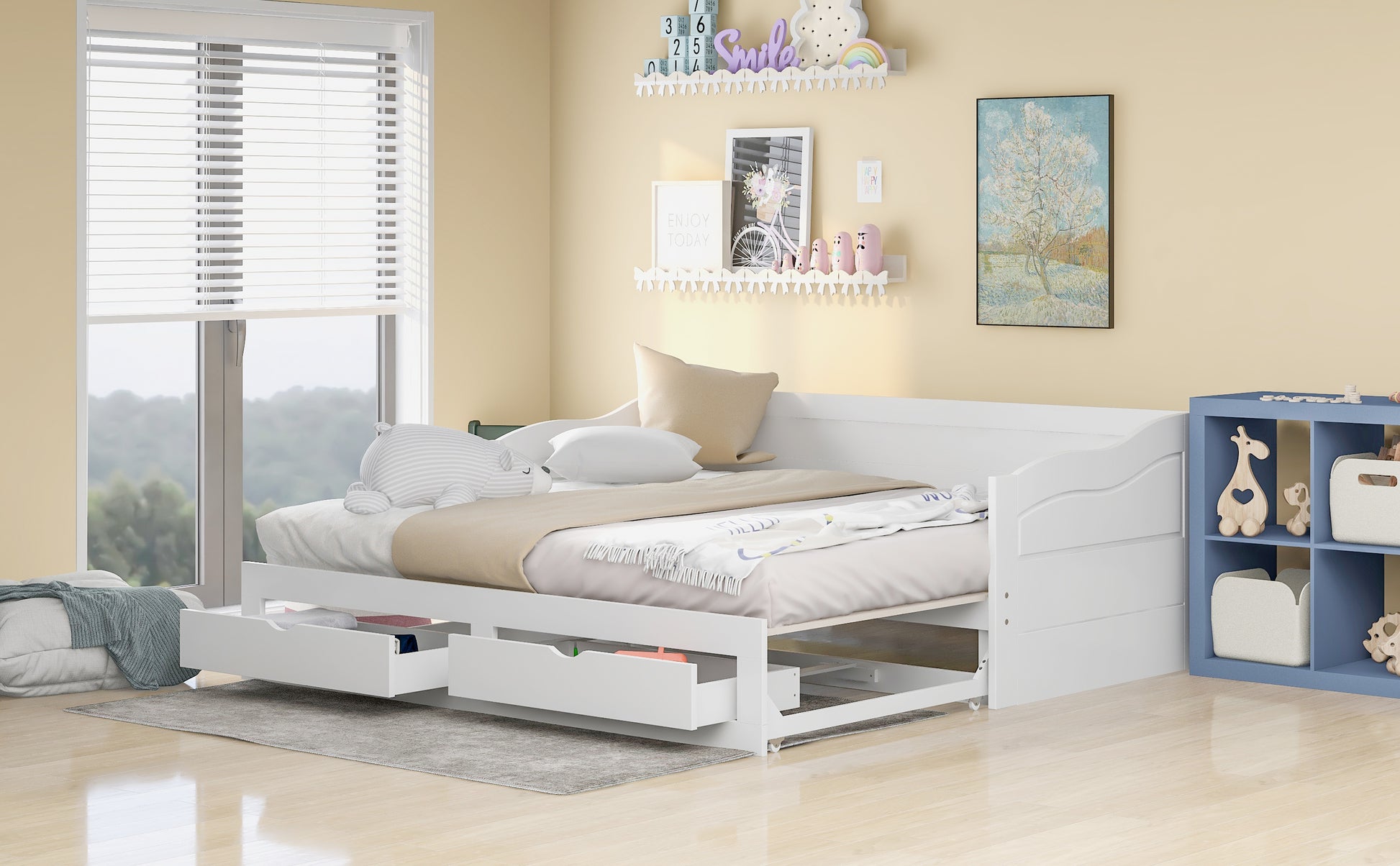 Wooden Daybed With Trundle Bed And Two Storage Drawersextendable Bed Daybed,Sofa Bed With Two Drawers, White White Solid Wood