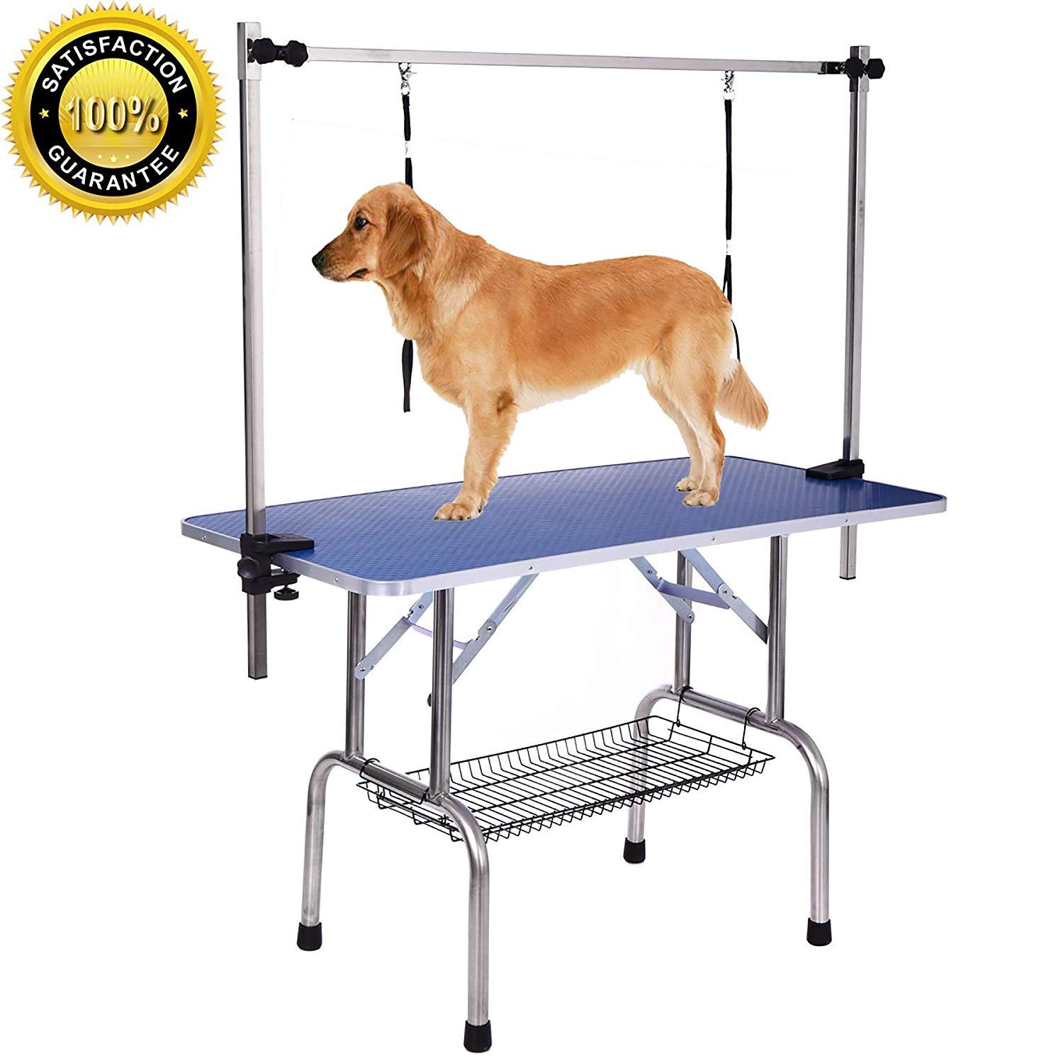HIGH QUALITY FOLDING PET GROOMING TABLE STAINLESS LEGS blue-wood + stainless steel