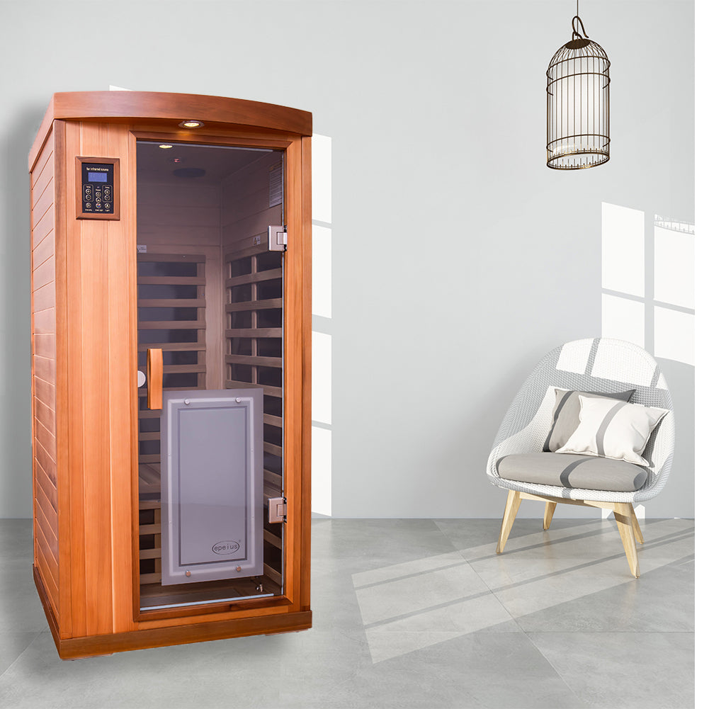 One Person Far Infrared Red Cedar Deluxe Indoor Sauna Room Red Solid Wood