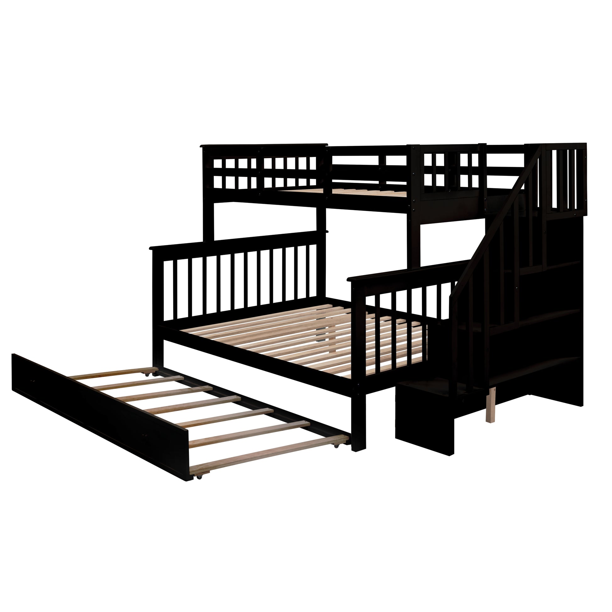 Twin Over Full Bunk Bed With Twin Size Trundle, Storage And Guard Rail For Bedroom, Dorm, For Adults, Espresso Old Sku :Lt000119Aap Twin Espresso Solid Wood