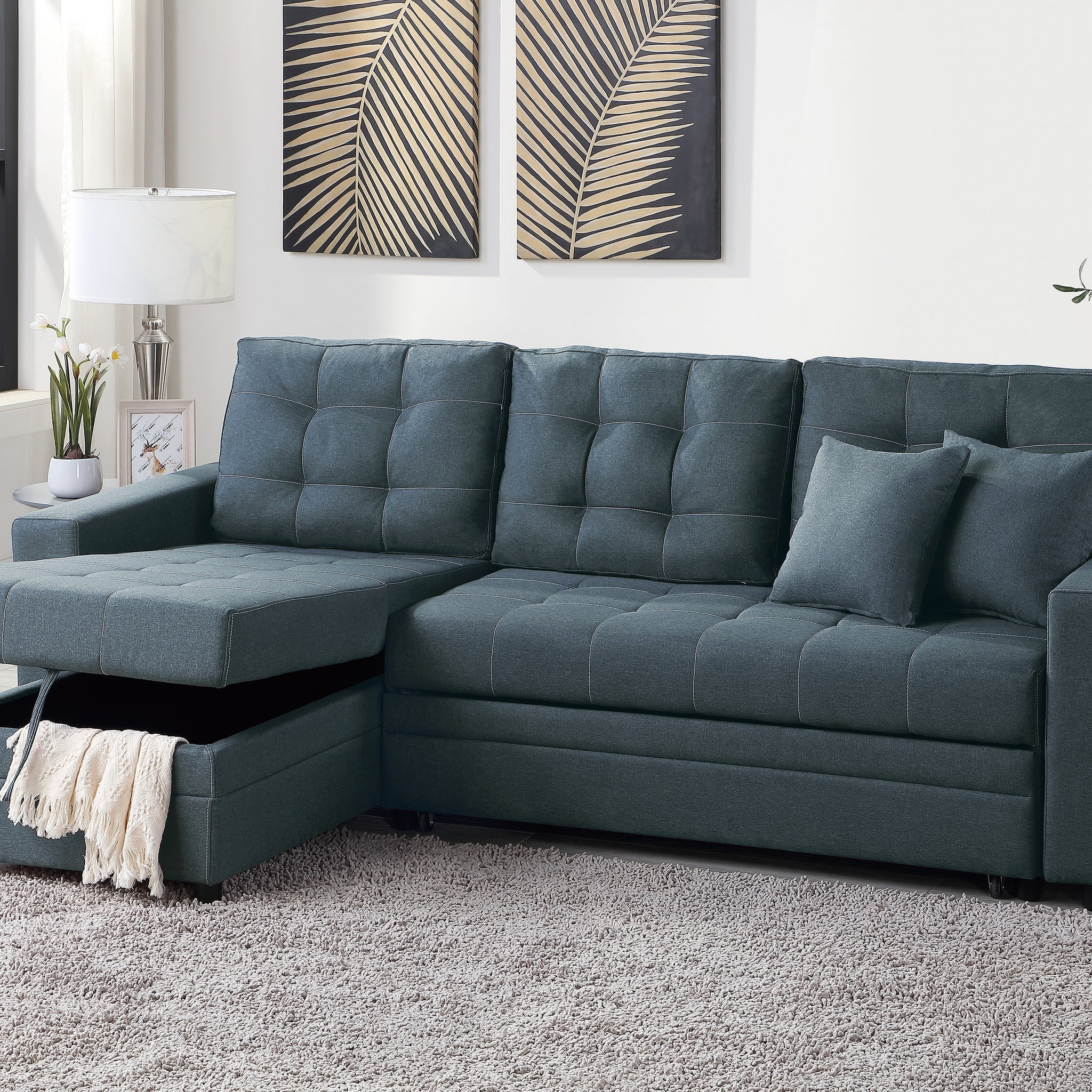 Blue Grey Convertible Sectional Pull Out Bed Sofa Chaise Reversible Storage Chaise Polyfiber Tufted Couch Lounge Blue Gray Primary Living Space Tufted Back Contemporary,Modern,Transitional L Shaped Pine Square Arms Plywood 3 Seat