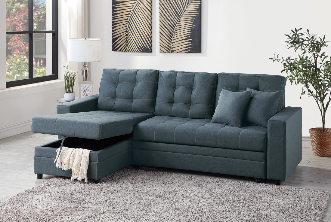 Blue Grey Convertible Sectional Pull Out Bed Sofa Chaise Reversible Storage Chaise Polyfiber Tufted Couch Lounge Blue Gray Primary Living Space Tufted Back Contemporary,Modern,Transitional L Shaped Pine Square Arms Plywood 3 Seat