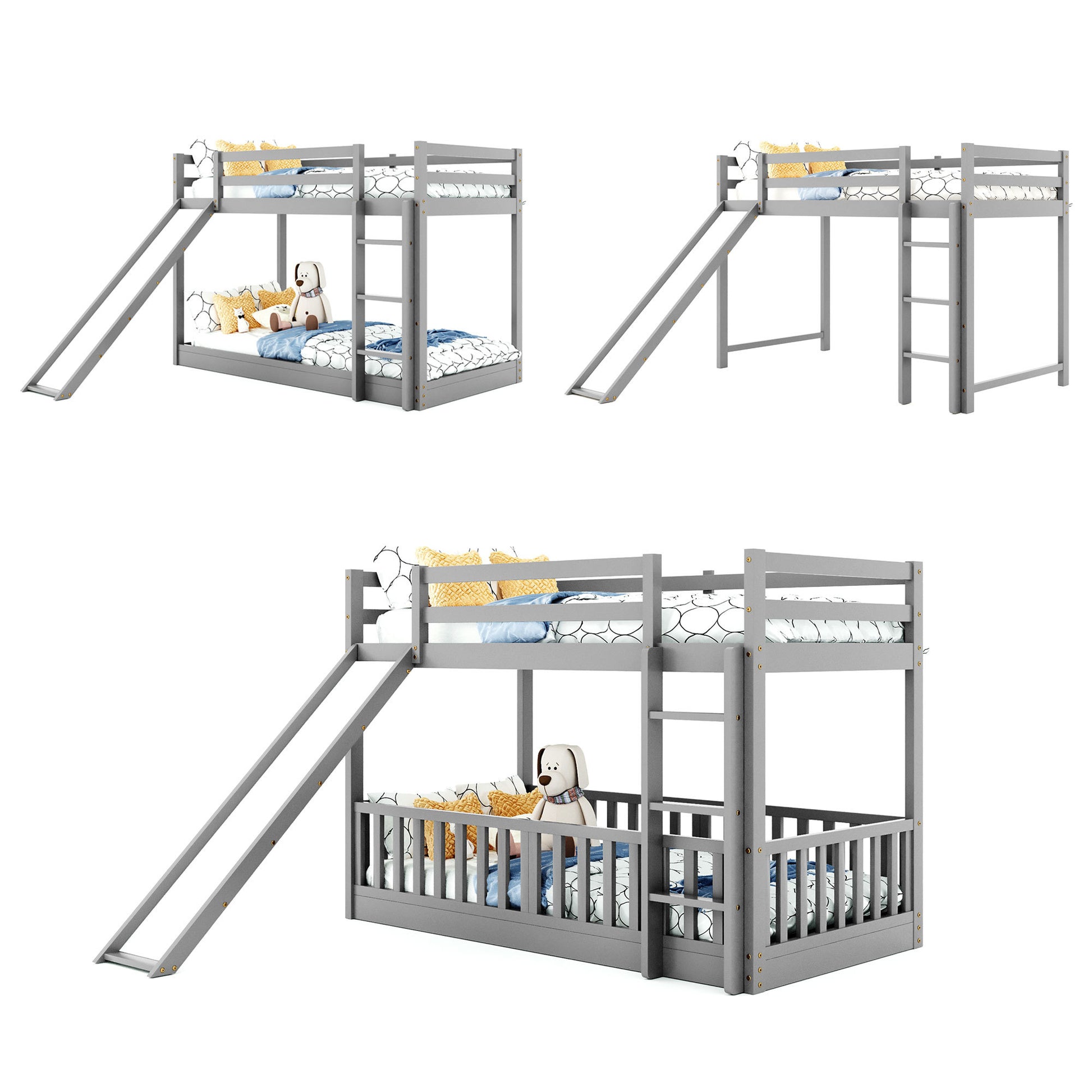 Twin Over Twin Bunk Bed With Slide And Ladder, Gray Old Sku:Lp000009Aae Gray Solid Wood