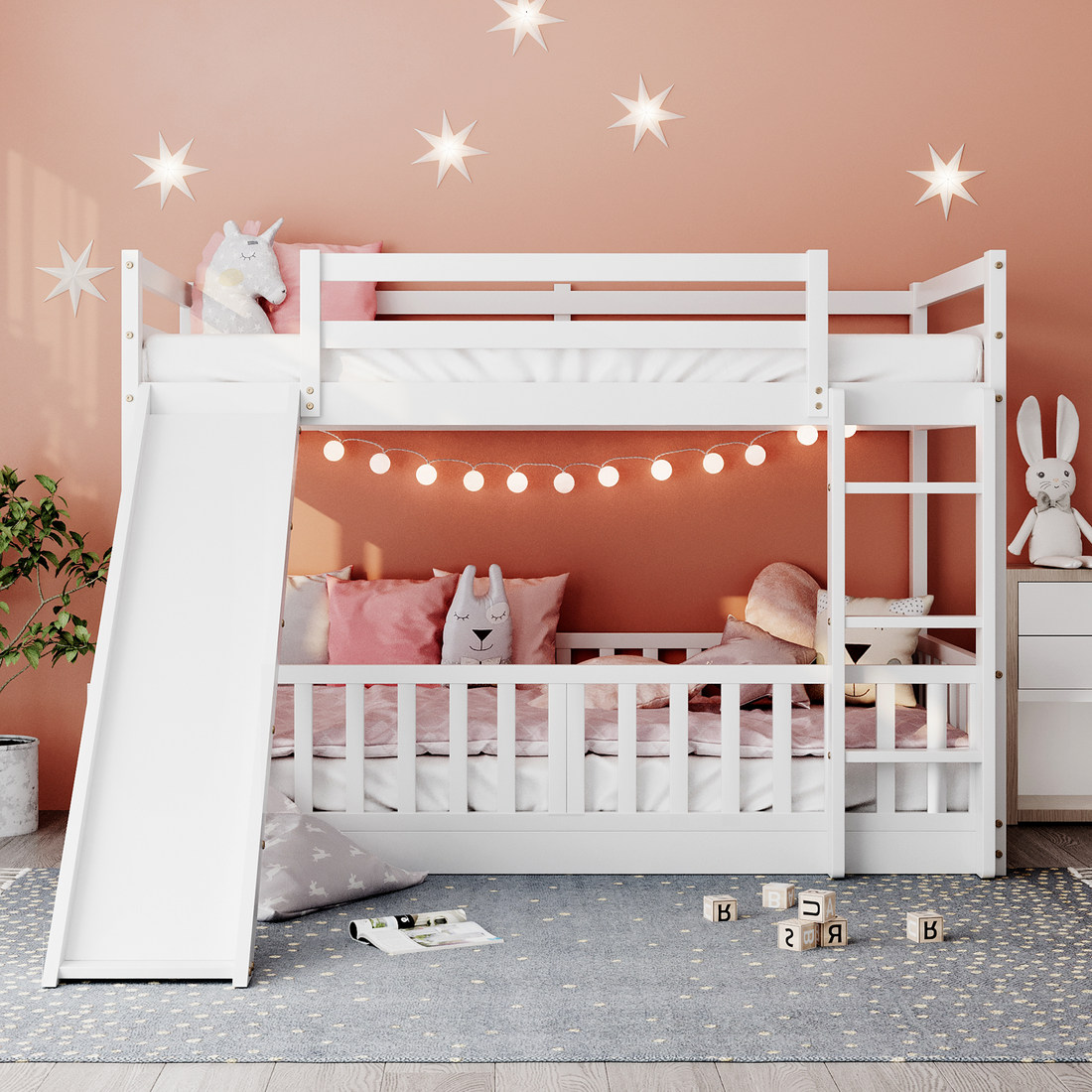 Twin Over Twin Bunk Bed With Slide And Ladder, White Old Sku:Lp000009Aak White Solid Wood