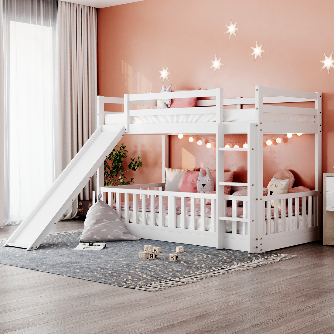 Twin Over Twin Bunk Bed With Slide And Ladder, White Old Sku:Lp000009Aak White Solid Wood