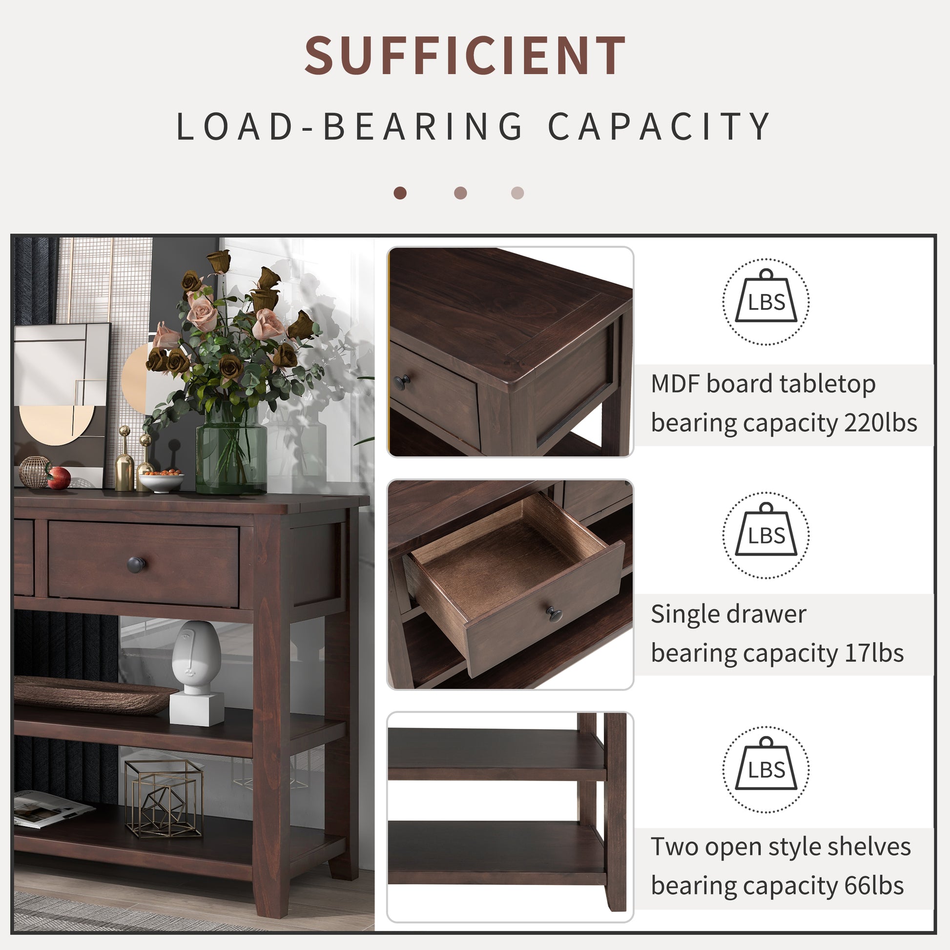 Retro Design Console Table With Two Open Shelves, Pine Solid Wood Frame And Legs For Living Room Espresso Espresso Solid Wood