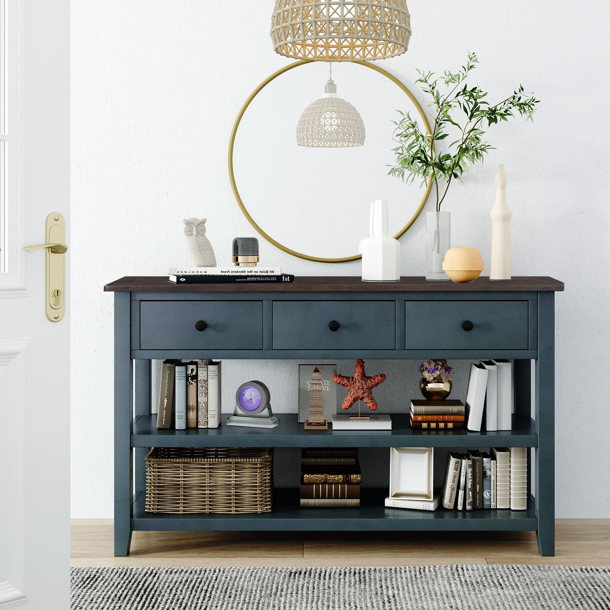 Retro Design Console Table With Two Open Shelves, Pine Solid Wood Frame And Legs For Living Room Navy Navy Solid Wood