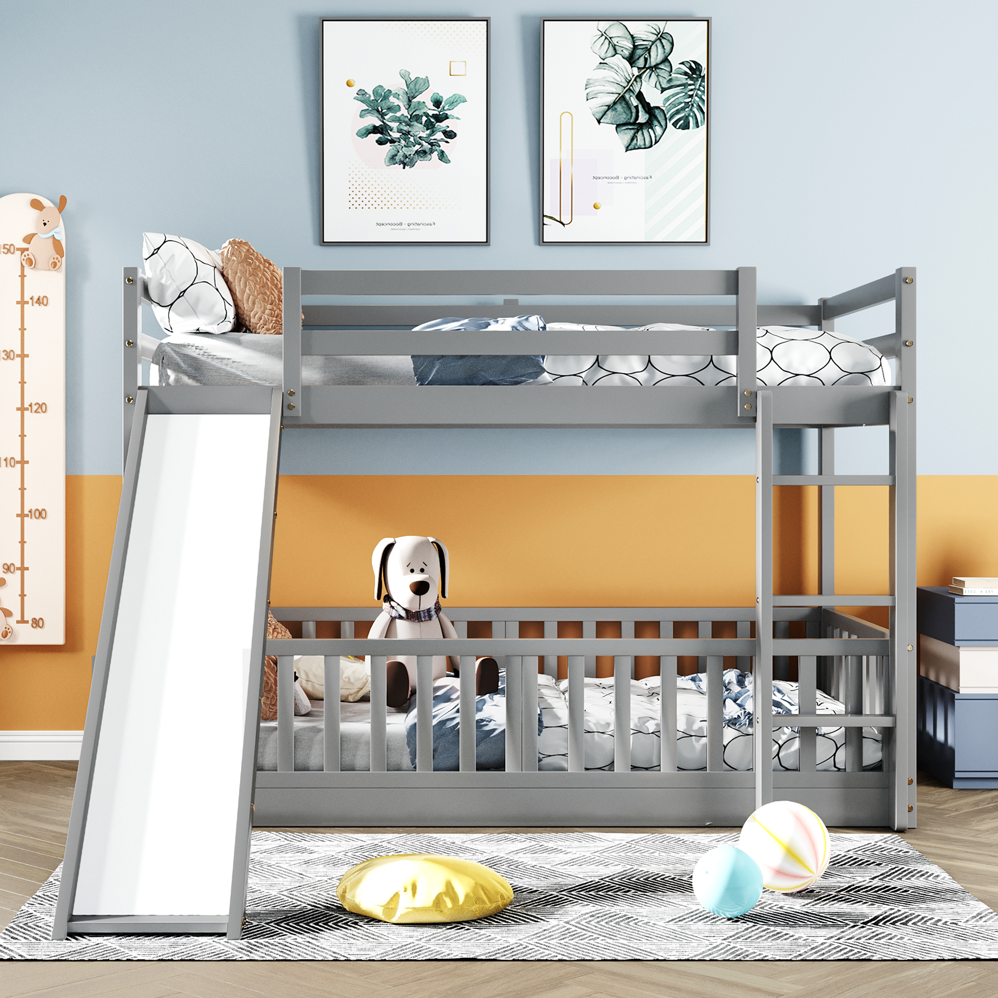 Twin Over Twin Bunk Bed With Slide And Ladder, Gray Old Sku:Lp000009Aae Gray Solid Wood