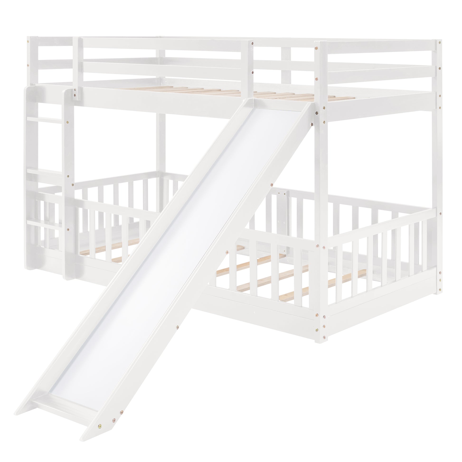 Twin Over Twin Bunk Bed With Slide And Ladder, White Old Sku:Lp000009Aak White Solid Wood