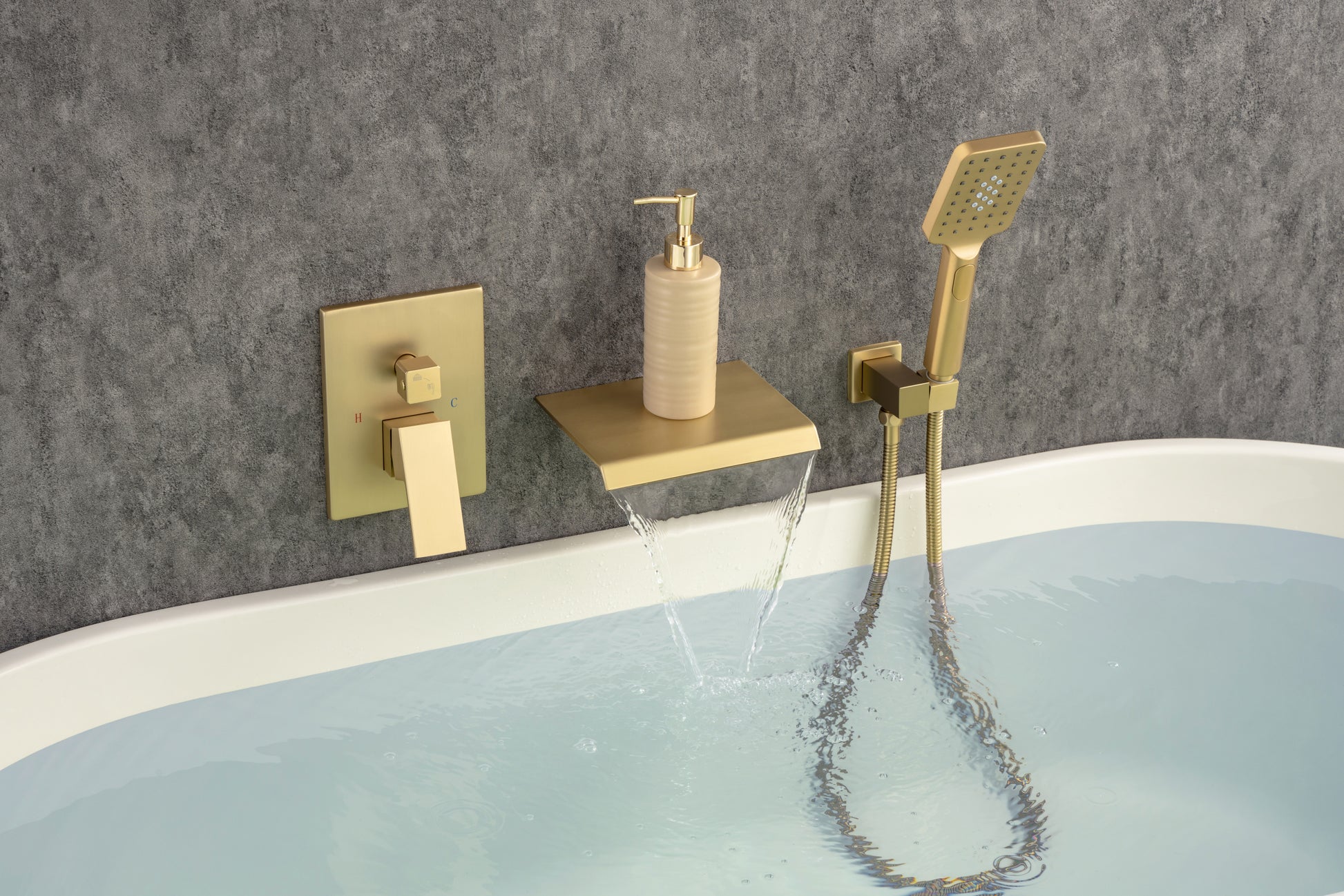 Waterfall Tub Faucet Wall Mount Roman Tub Filler golden-brass