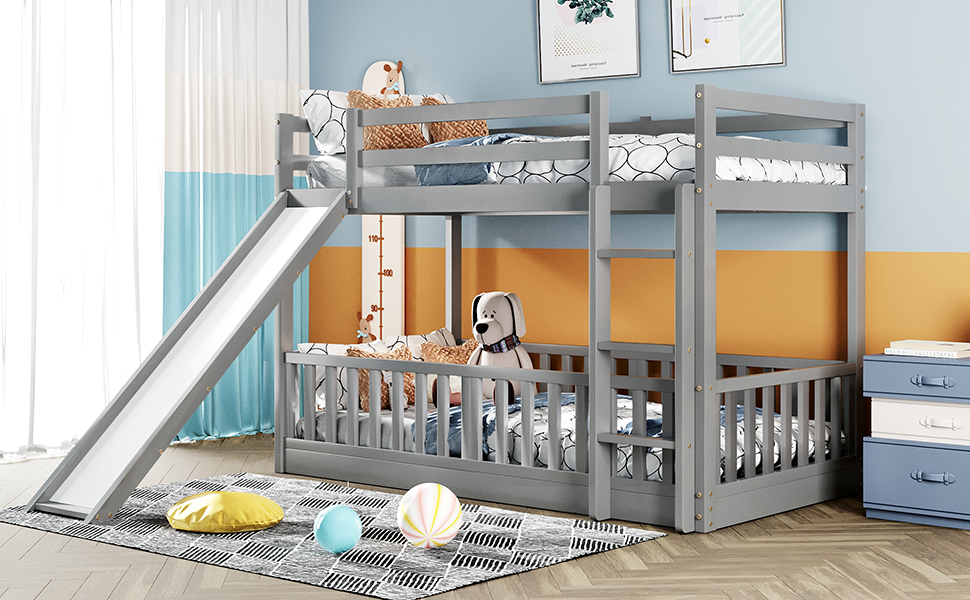 Twin Over Twin Bunk Bed With Slide And Ladder, Gray Old Sku:Lp000009Aae Gray Solid Wood