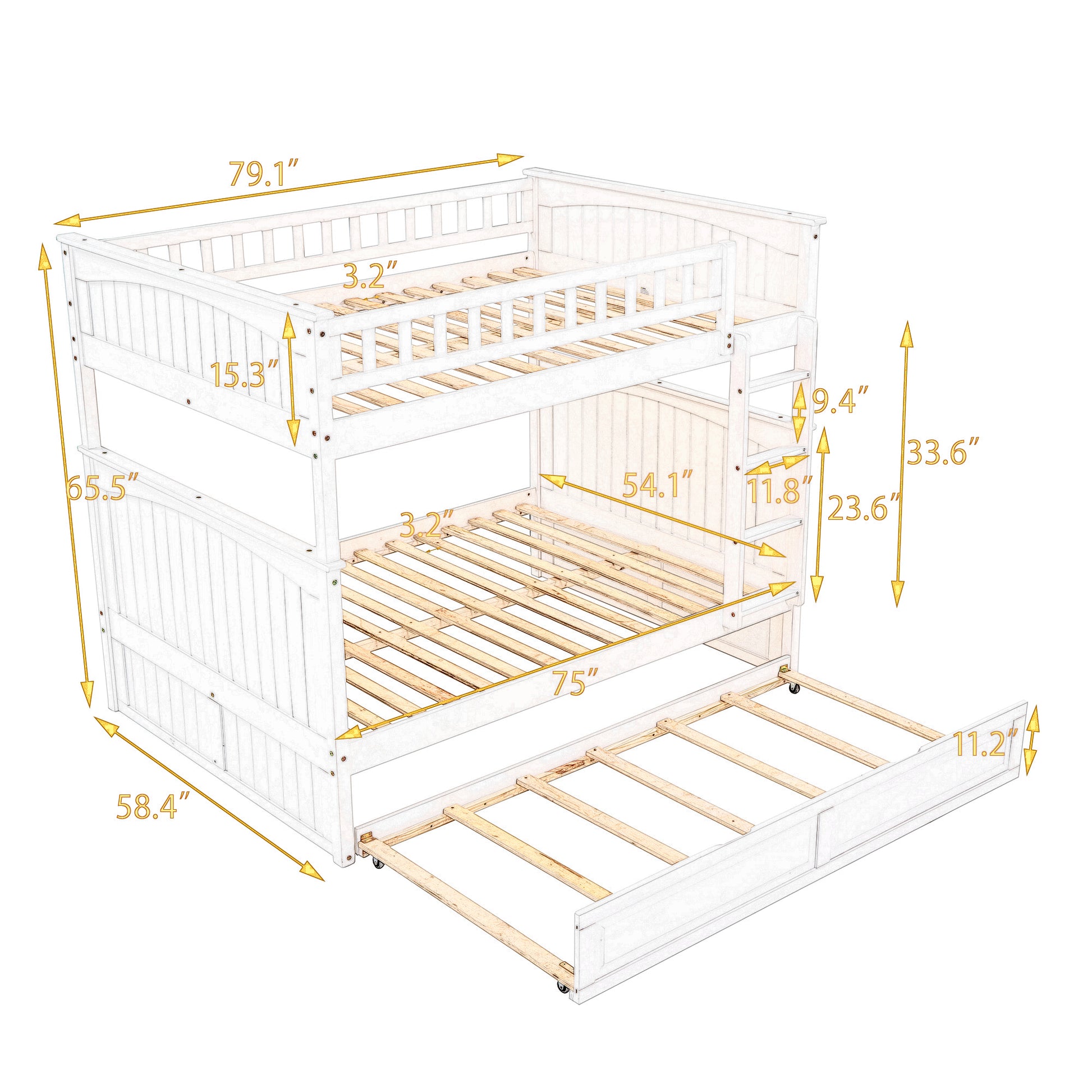 Full Over Full Bunk Bed With Twin Size Trundle, Pine Wood Bunk Bed With Guardrails, White Old Sku:Lp000044Aak White Solid Wood