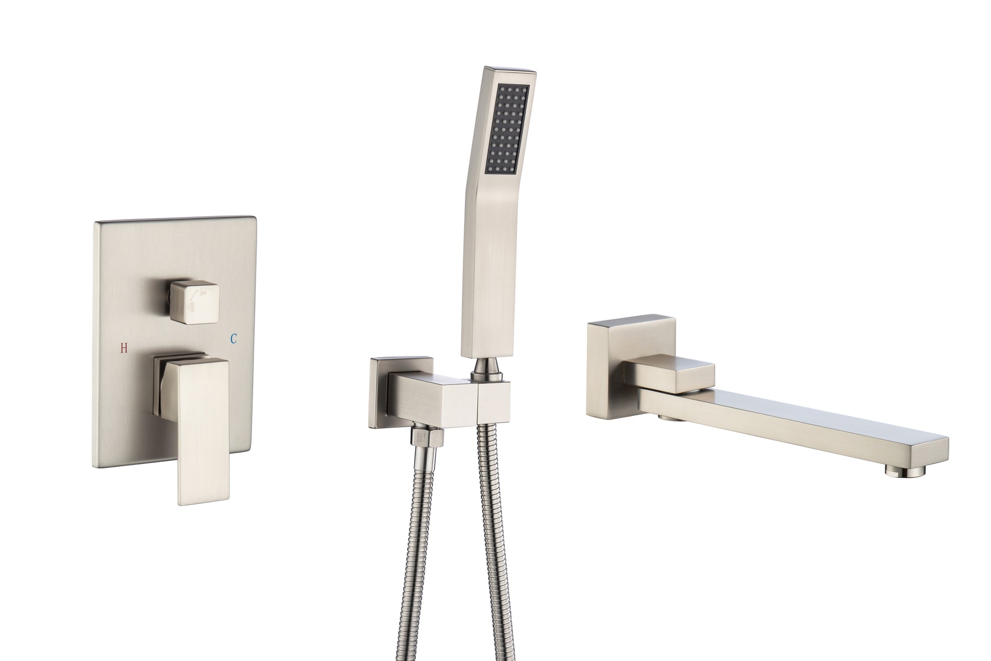 Waterfall Wall Mounted Bathtub Faucet with Hand Shower brushed nickel-brass