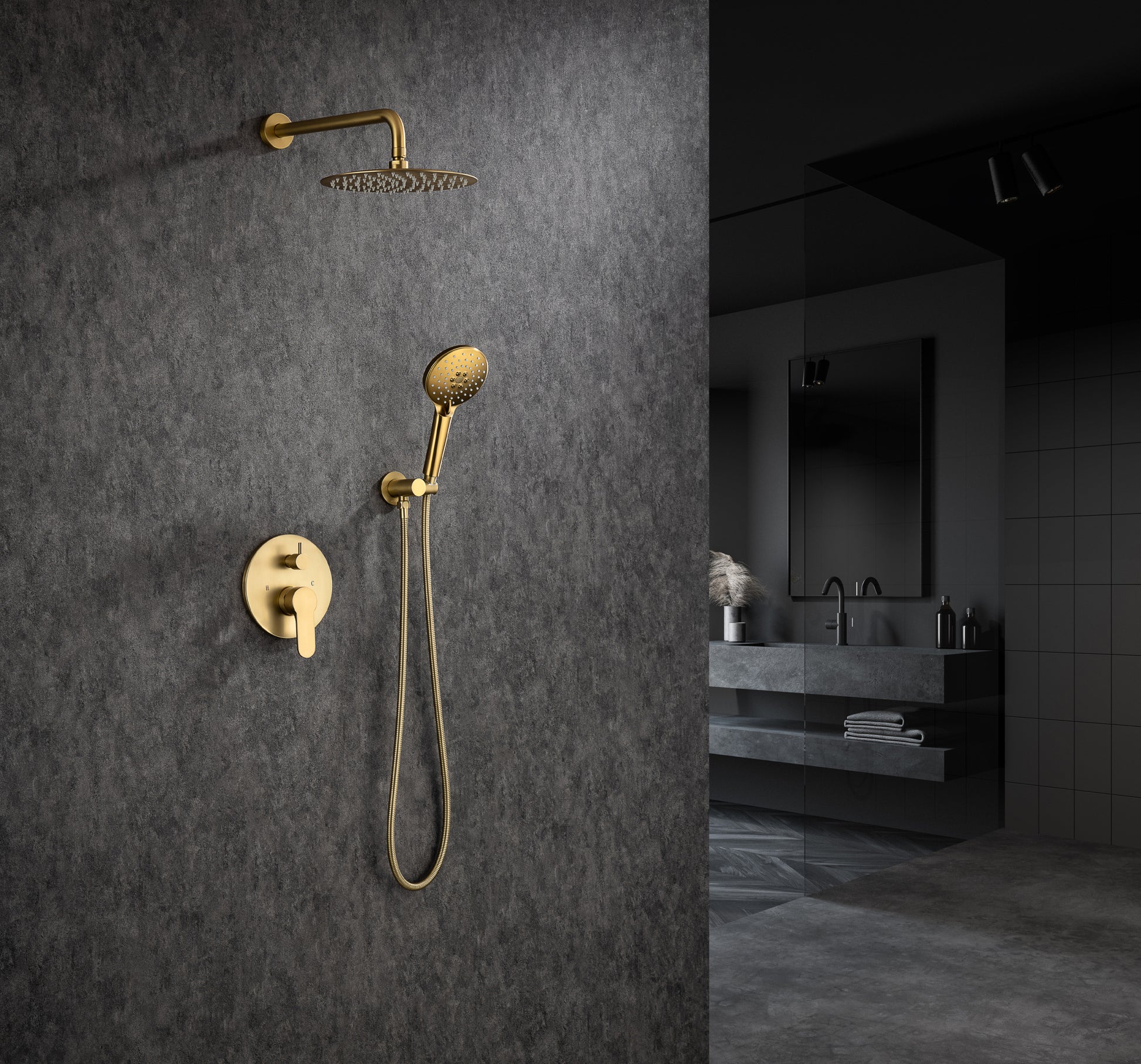 Shower Faucet Set, Wall Mount Round hower System Mixer golden-brass