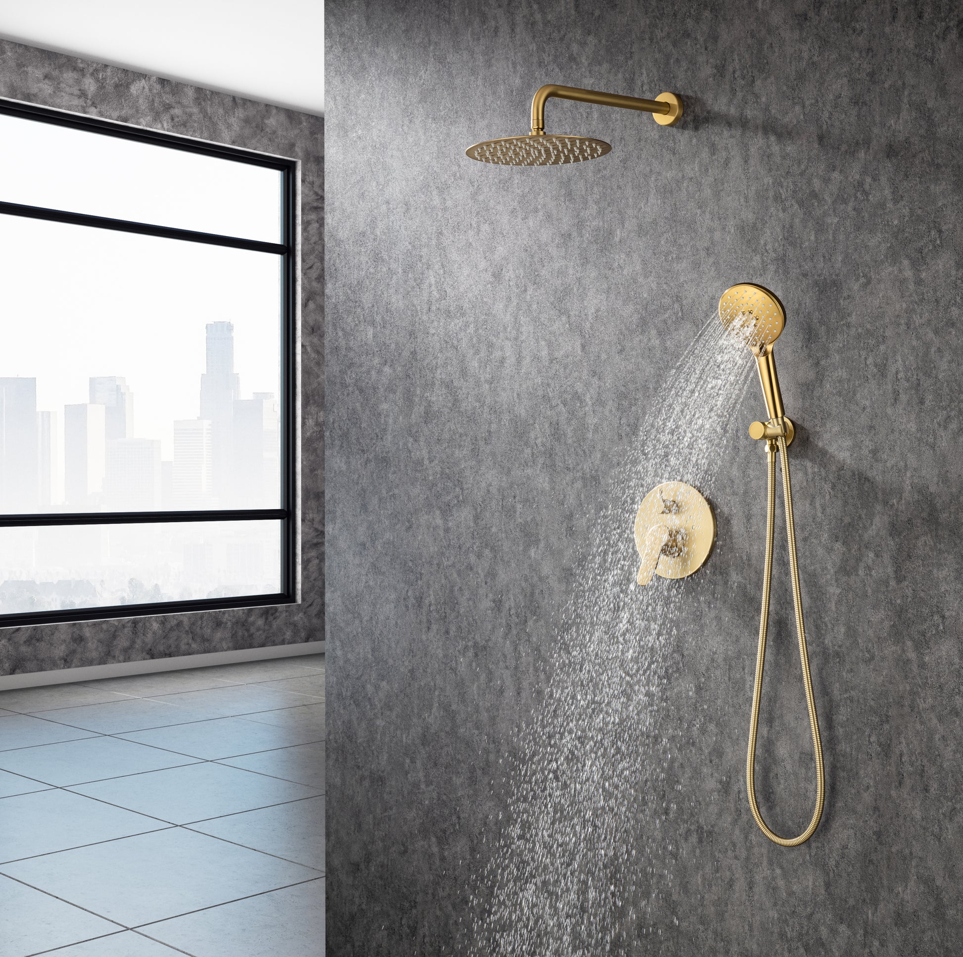 Shower Faucet Set, Wall Mount Round hower System Mixer golden-brass