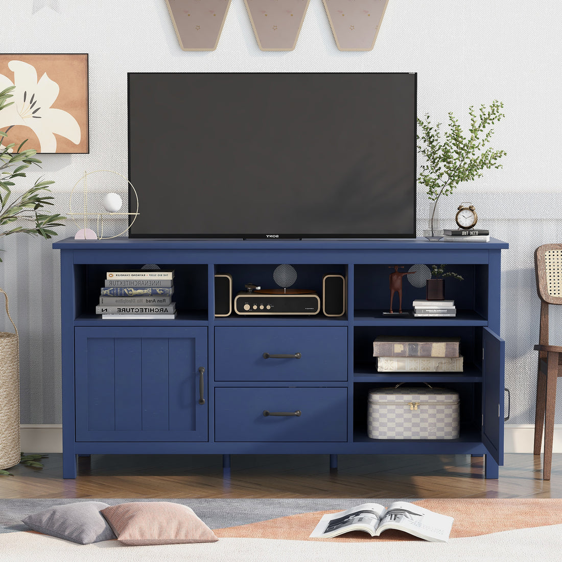 Tv Stand For Tv Up To 68 In With 2 Doors And 2 Drawers Open Style Cabinet, Sideboard For Living Room, Navy Navy Mdf