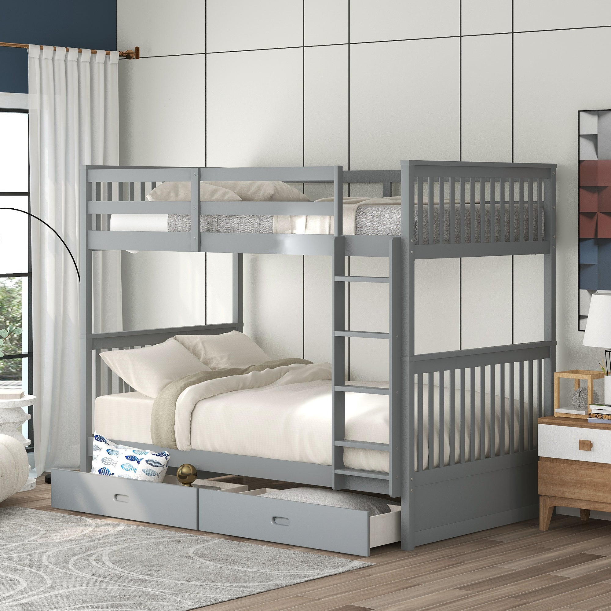 Twin Over Twin Bunk Bed With Ladders And Two Storage Drawers Gray Lt000265Aae Gray Solid Wood