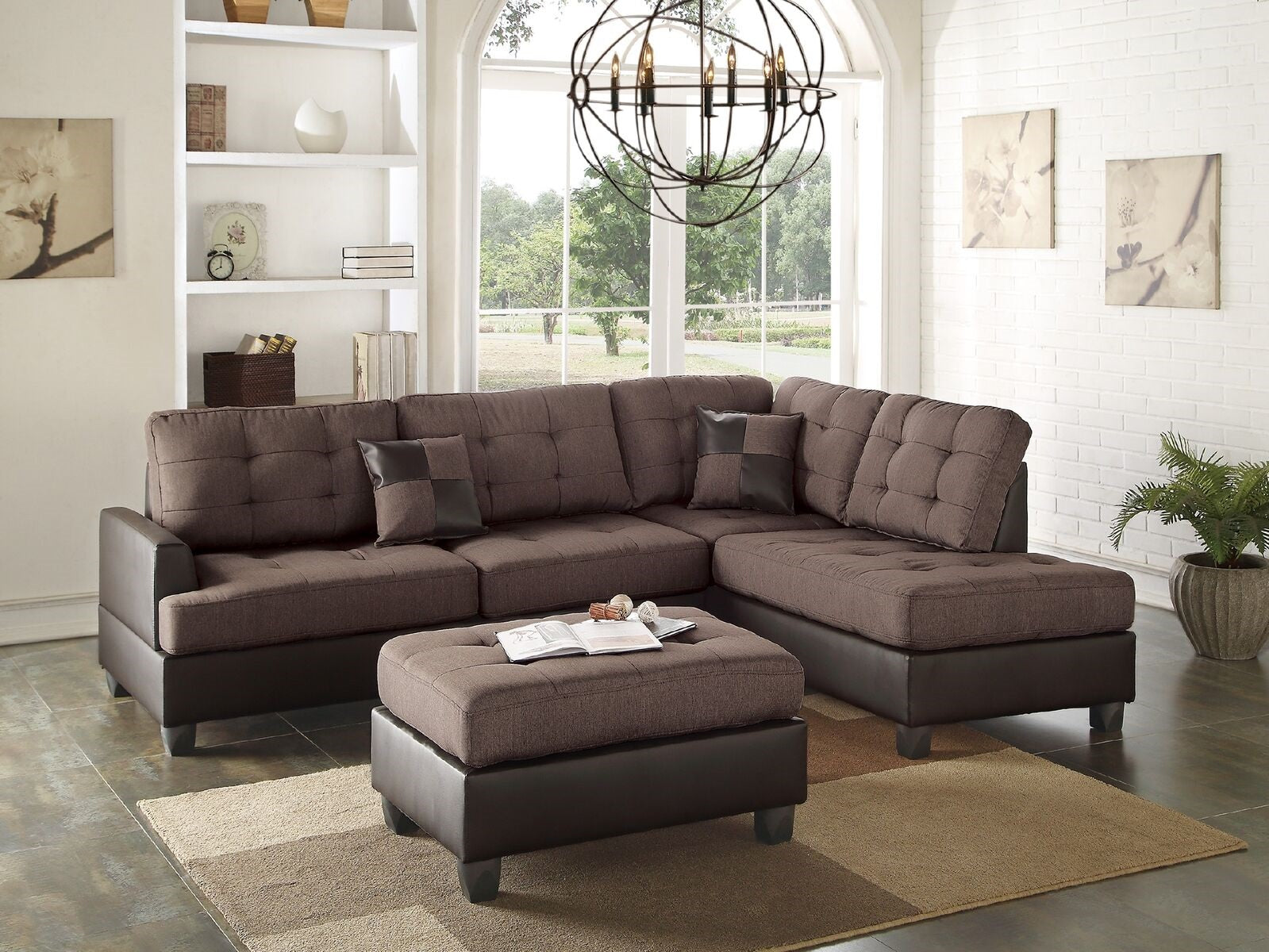 Sectional Sofa Chocolate Polyfiber Cushion Tufted Reversible 3Pc Sectional Sofa, Chaise Ottoman Living Room Furniture Chocolate Brown Faux Leather Wood Primary Living Space Cushion Back Contemporary,Modern L Shaped Pine Square Arms Fabric 5 Seat