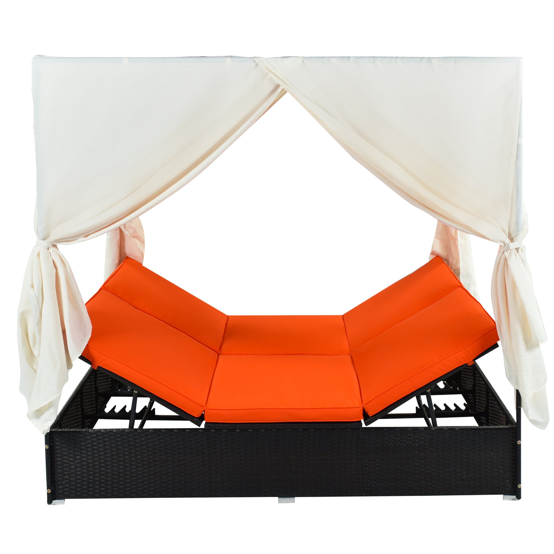 Outdoor Patio Wicker Sunbed Daybed With Cushions, Adjustable Seats Orange Rattan