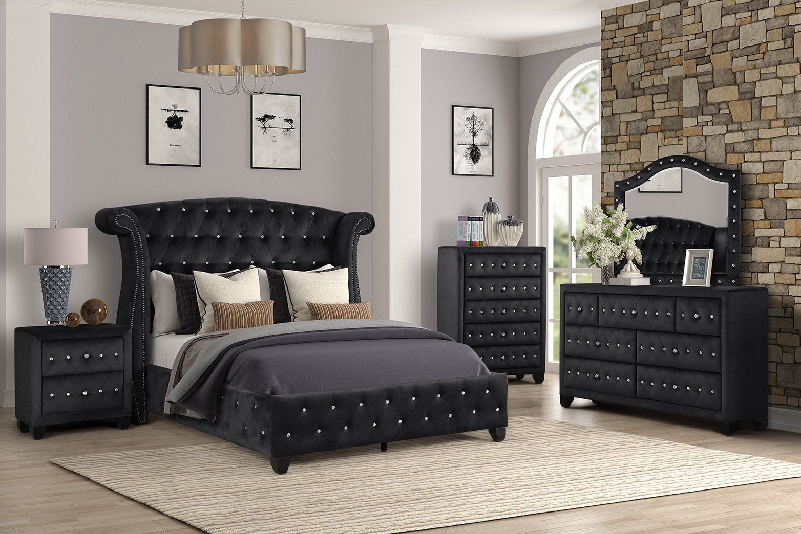 Sophia Modern Style Crystal Tufted Upholstery 7 Drawer Dresser Finished With Velvet Fabric Made With Wood In Black Black Bedroom Contemporary,Modern ... Sophia Modern Style Crystal Tufted Upholstery 7 Drawer Dresser Finished With Velvet Fabric Made With Wood In Black Black Bedroom Contemporary,Modern ...