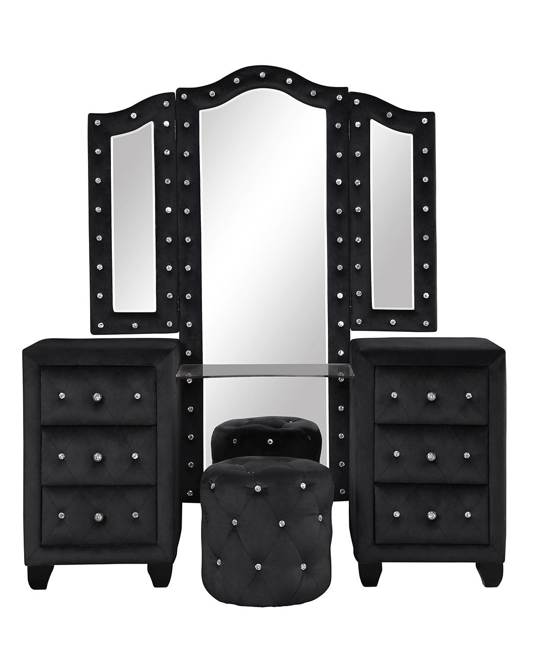 Sophia Modern Style Crystal Tufted Upholstery 6 Drawer Vanity Set With Stool, Finished With Velvet Fabric Made With Wood In Black Black 5 Drawers & Above Ball Bearing Glides Bedroom Contemporary,Modern Acacia Upholstered Wood