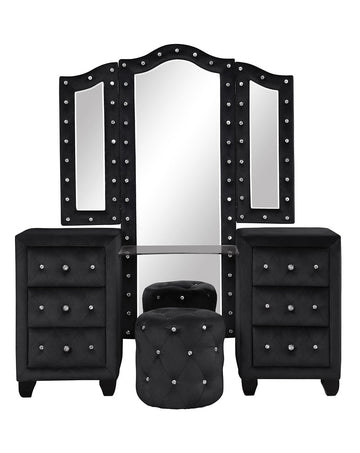 Sophia Modern Style Crystal Tufted Upholstery 6 Drawer Vanity Set With Stool, Finished With Velvet Fabric Made With Wood In Black Black 5 Drawers & Above Ball Bearing Glides Bedroom Contemporary,Modern Acacia Upholstered Wood