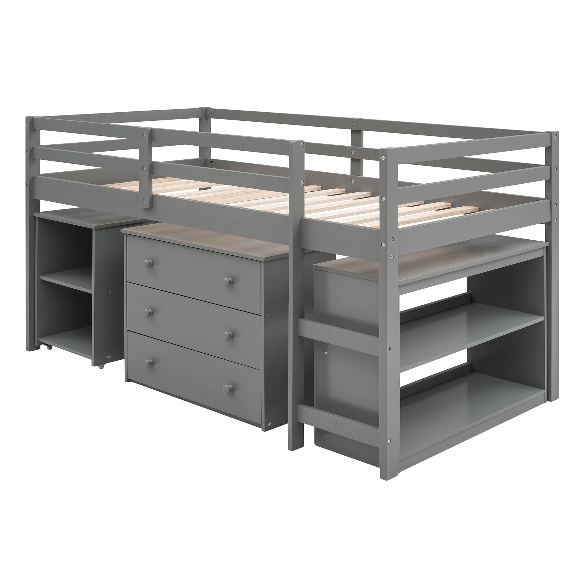 Low Study Twin Loft Bed With Cabinet And Rolling Portable Desk Gray Old Sku :Lp000113Aae Gray Solid Wood