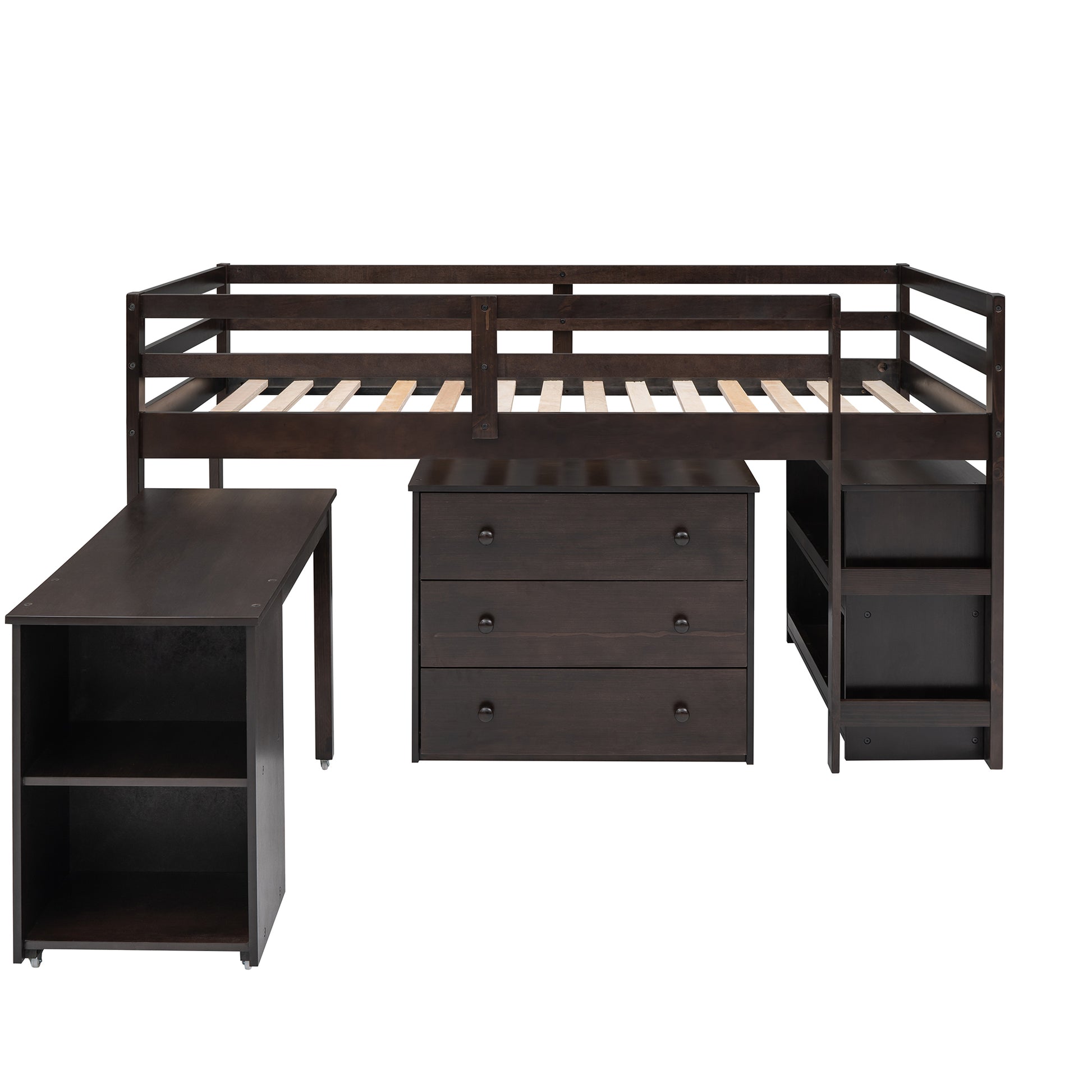 Low Study Twin Loft Bed With Cabinet And Rolling Portable Desk Espresso Old Sku :Lp000113Aap Espresso Solid Wood