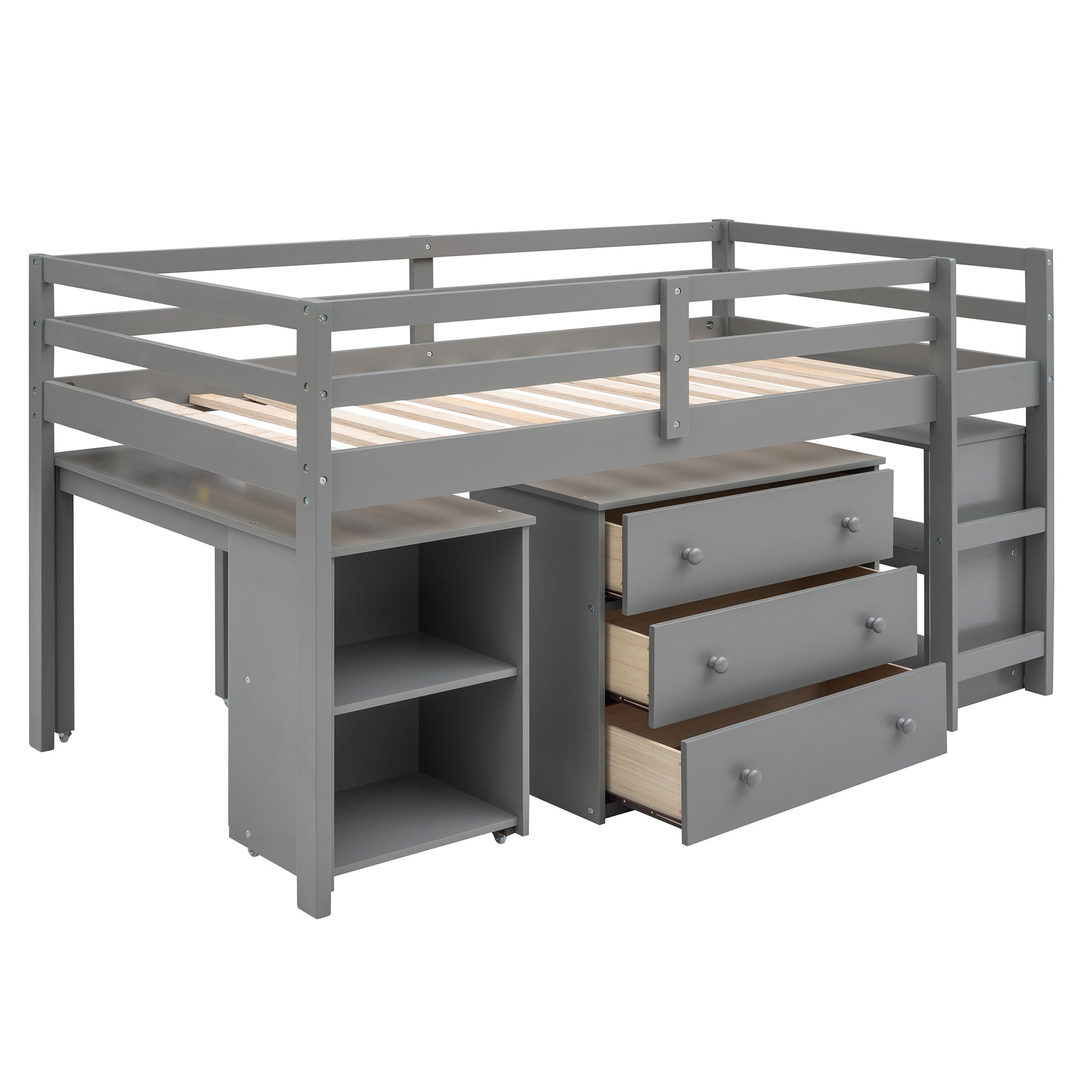 Low Study Twin Loft Bed With Cabinet And Rolling Portable Desk Gray Old Sku :Lp000113Aae Gray Solid Wood