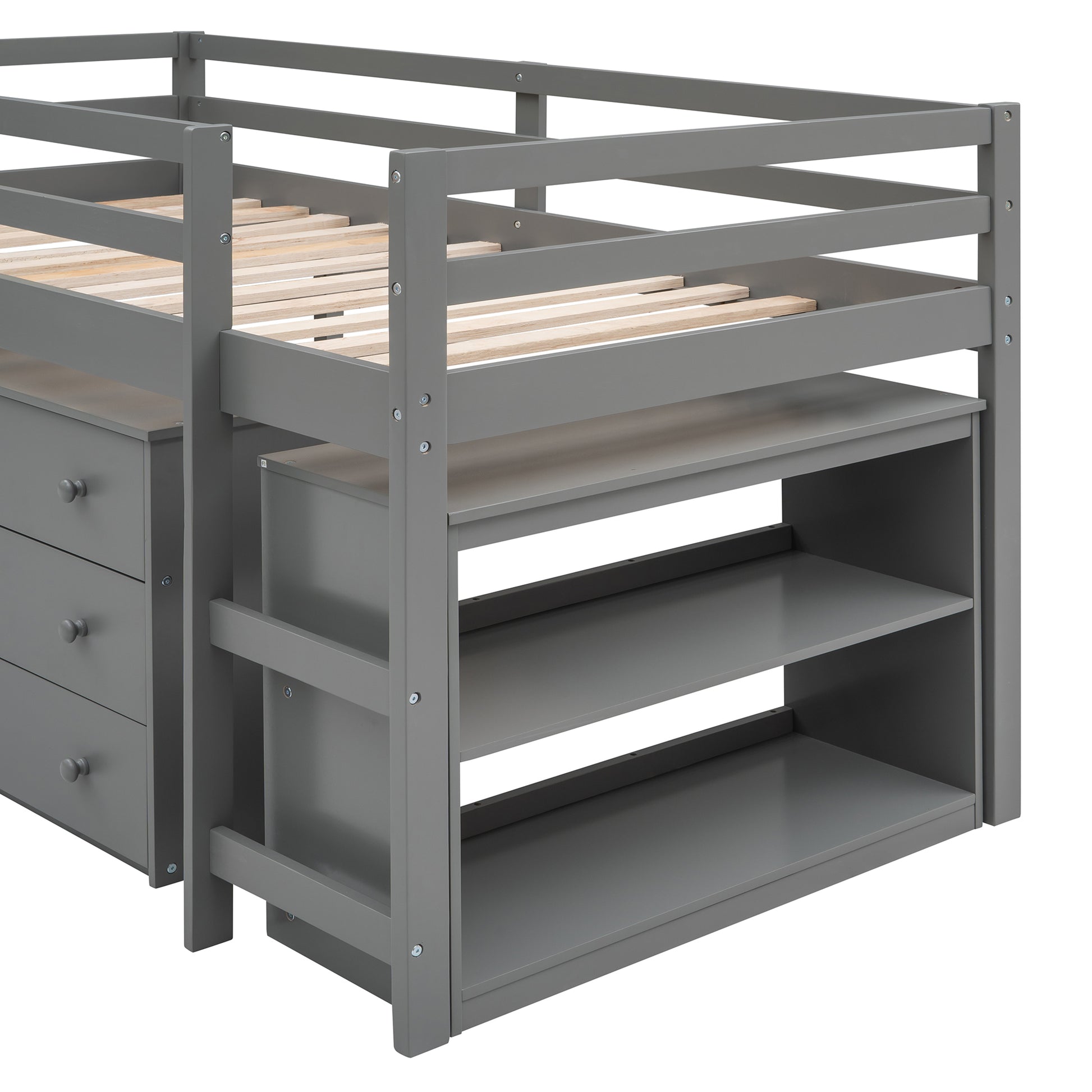 Low Study Twin Loft Bed With Cabinet And Rolling Portable Desk Gray Old Sku :Lp000113Aae Gray Solid Wood