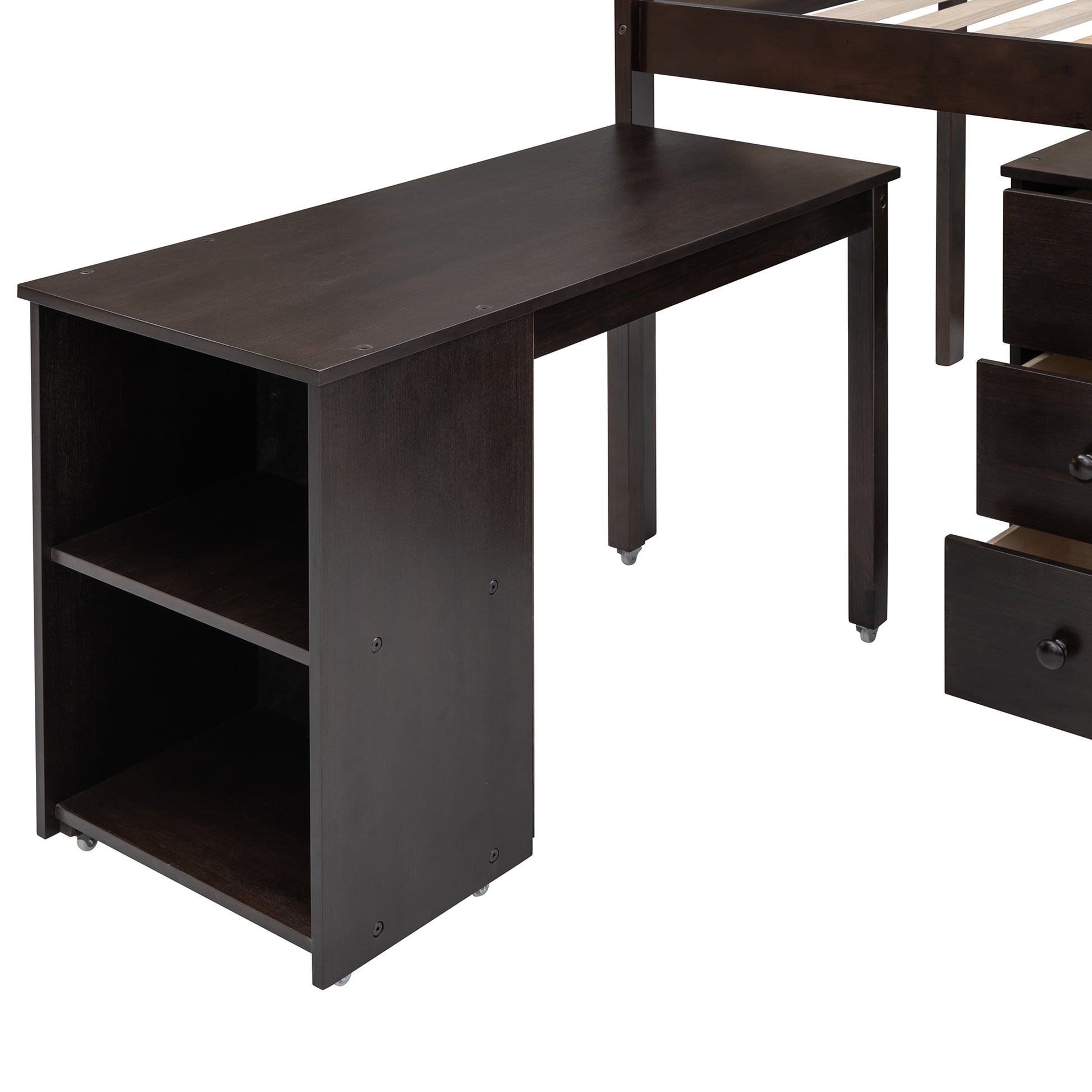 Low Study Twin Loft Bed With Cabinet And Rolling Portable Desk Espresso Old Sku :Lp000113Aap Espresso Solid Wood
