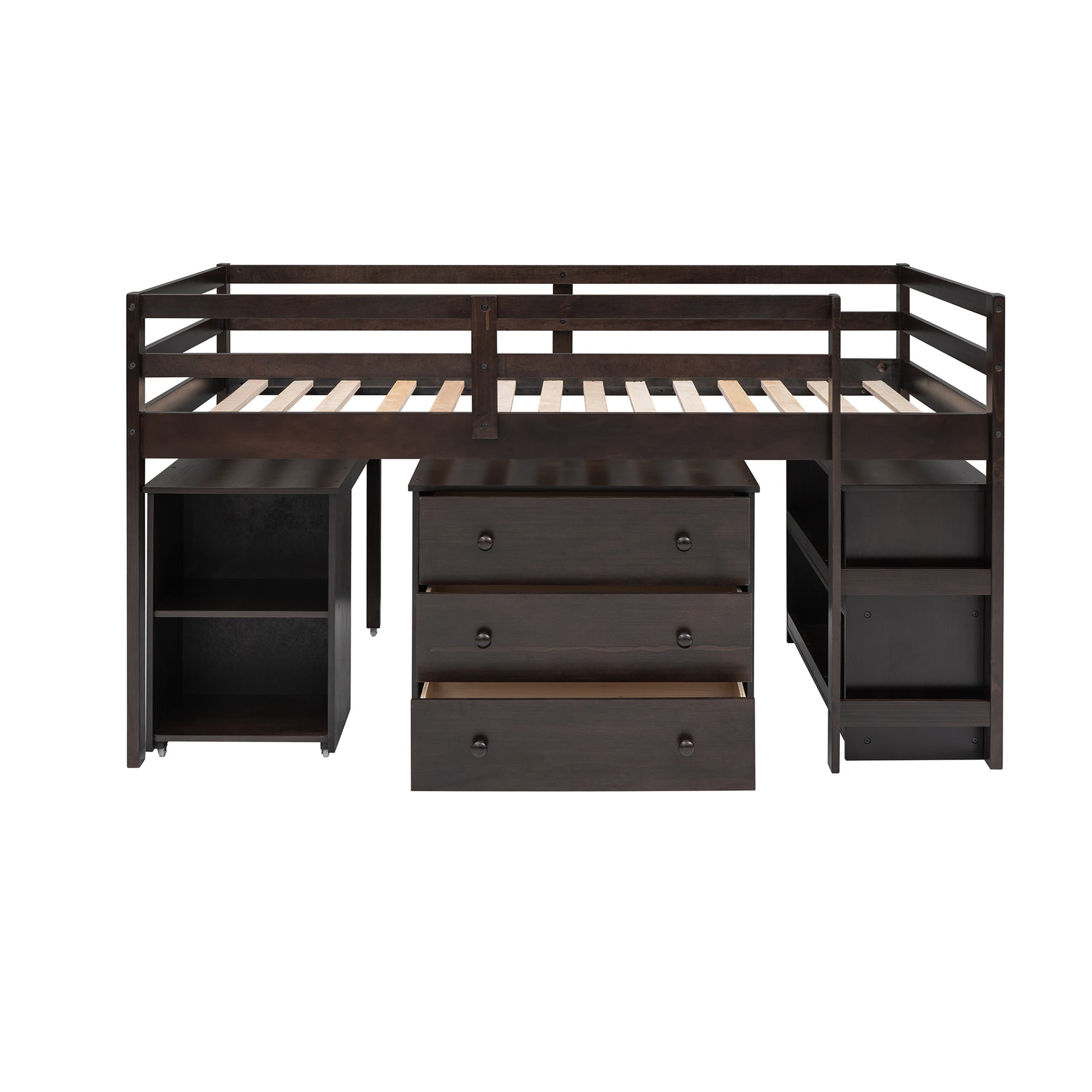 Low Study Twin Loft Bed With Cabinet And Rolling Portable Desk Espresso Old Sku :Lp000113Aap Espresso Solid Wood