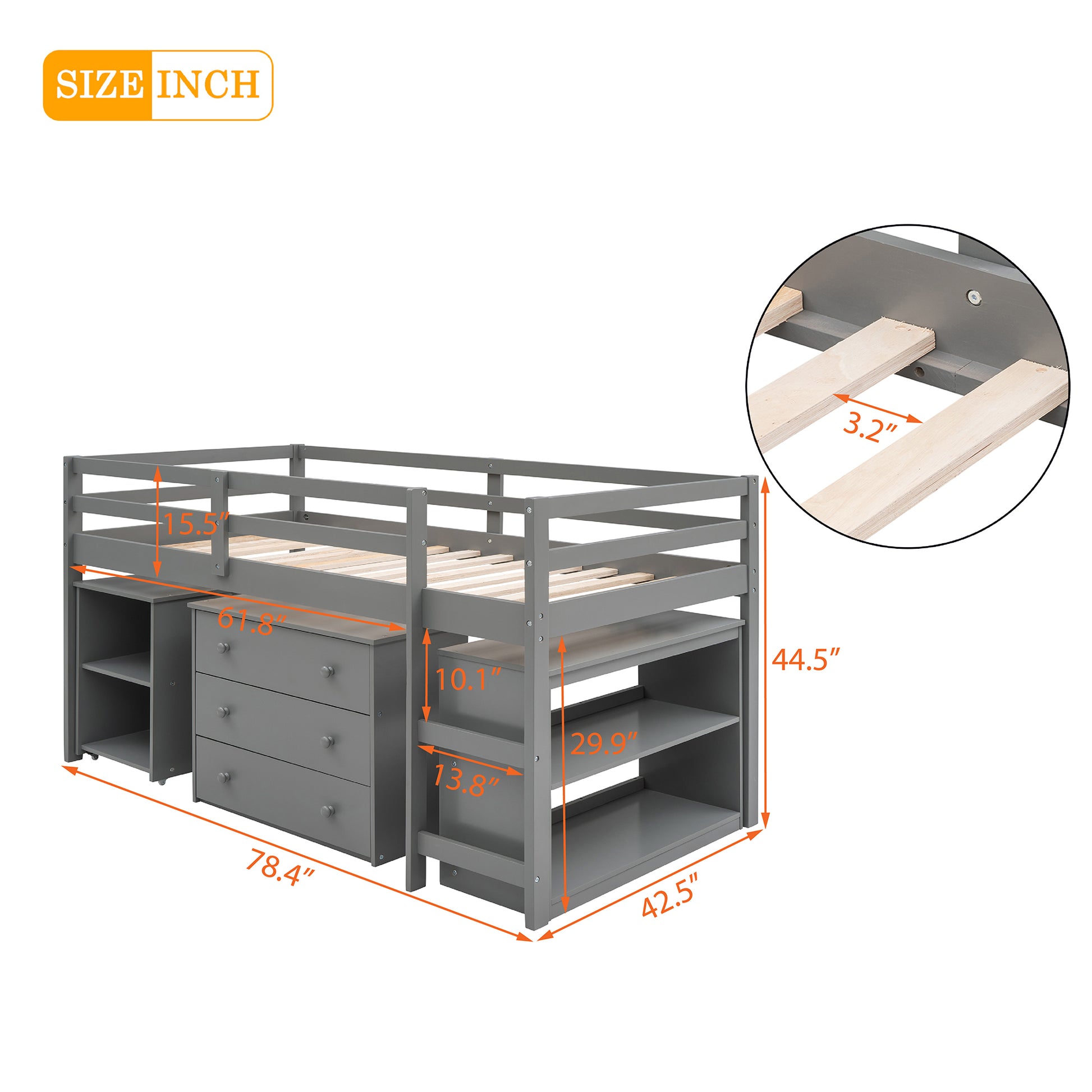 Low Study Twin Loft Bed With Cabinet And Rolling Portable Desk Gray Old Sku :Lp000113Aae Gray Solid Wood
