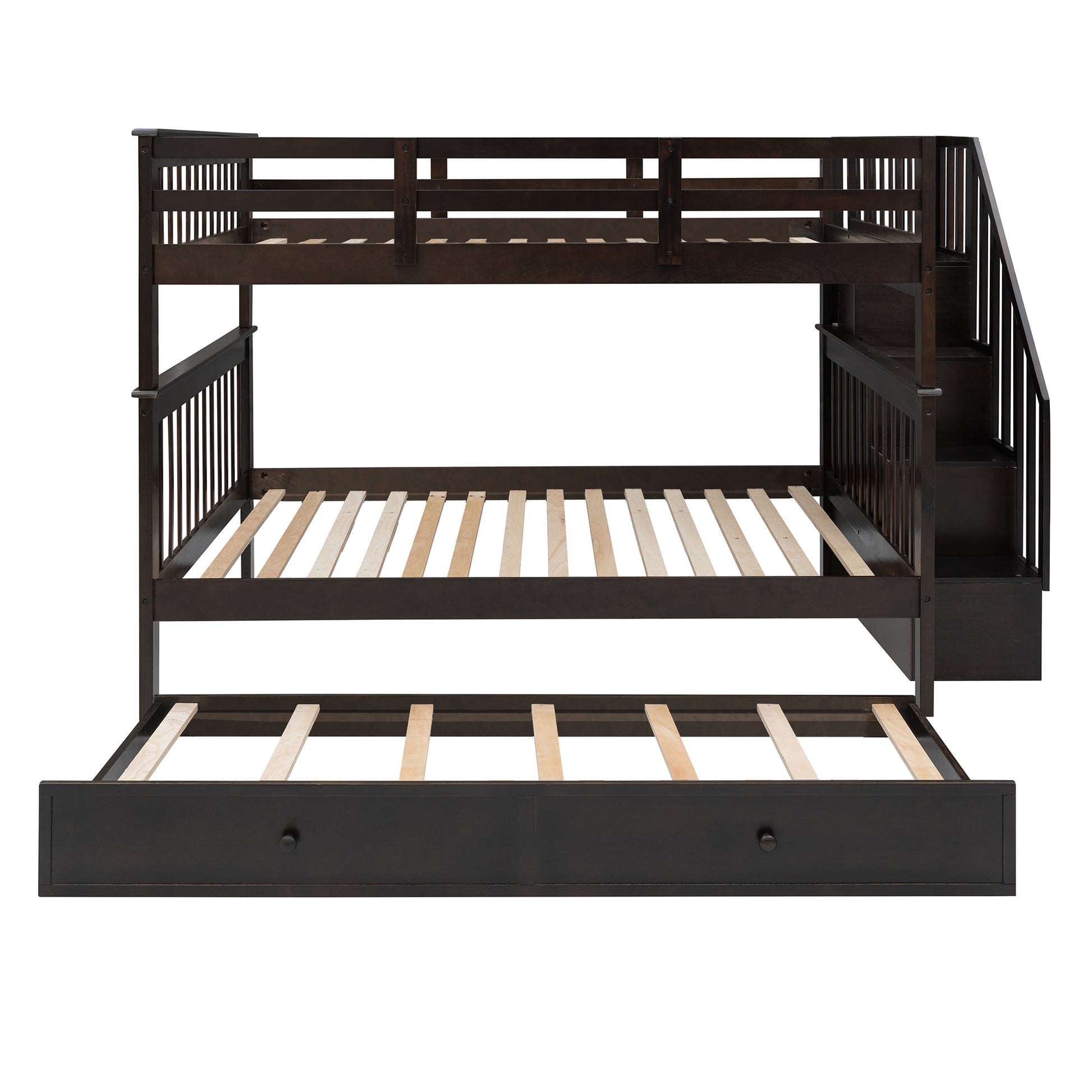 Stairway Full Over Full Bunk Bed With Twin Size Trundle, Storage And Guard Rail For Bedroom, Dorm Espresso Old Sku :Lp001210Aap Espresso Solid Wood