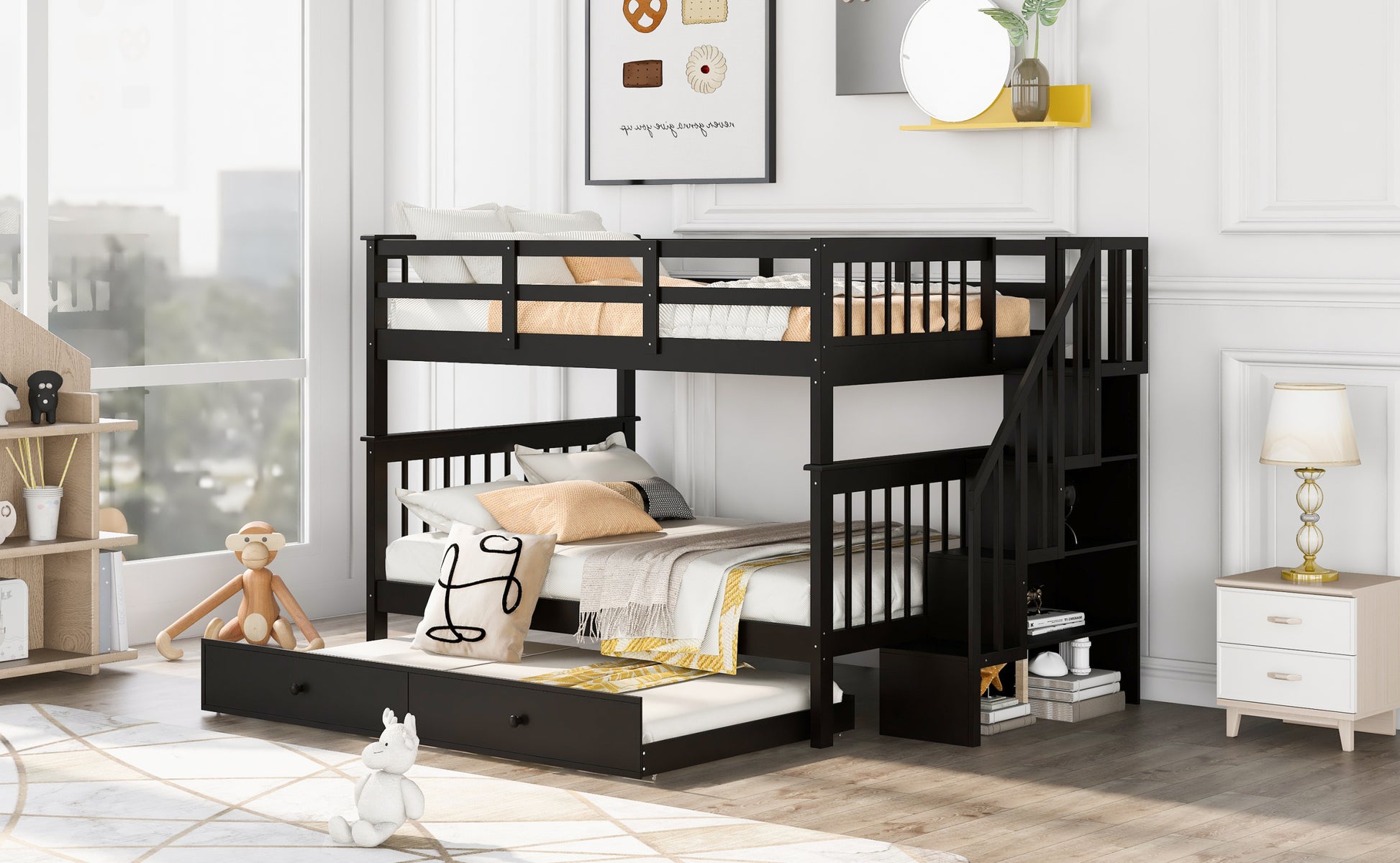 Stairway Full Over Full Bunk Bed With Twin Size Trundle, Storage And Guard Rail For Bedroom, Dorm Espresso Old Sku :Lp001210Aap Espresso Solid Wood