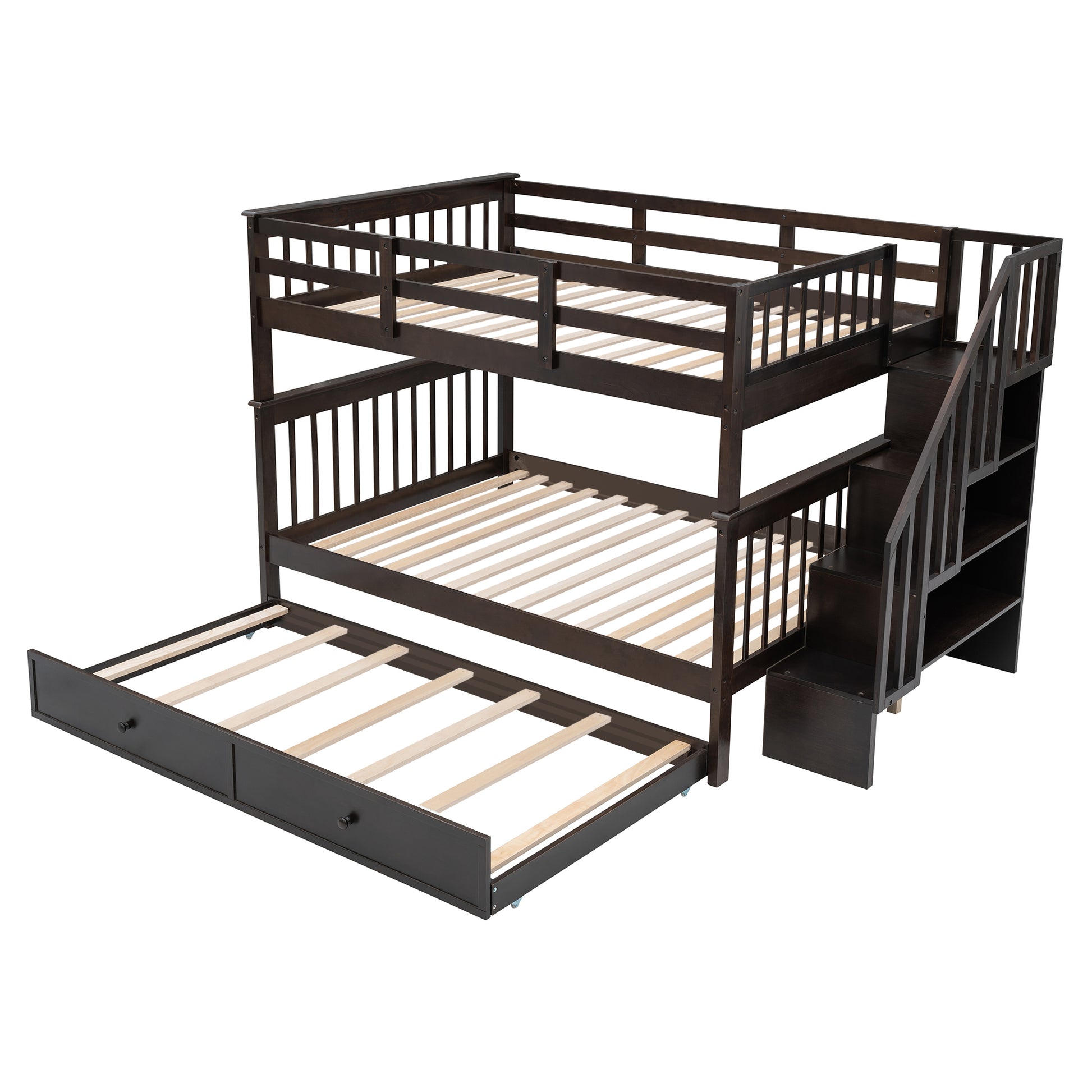 Stairway Full Over Full Bunk Bed With Twin Size Trundle, Storage And Guard Rail For Bedroom, Dorm Espresso Old Sku :Lp001210Aap Espresso Solid Wood