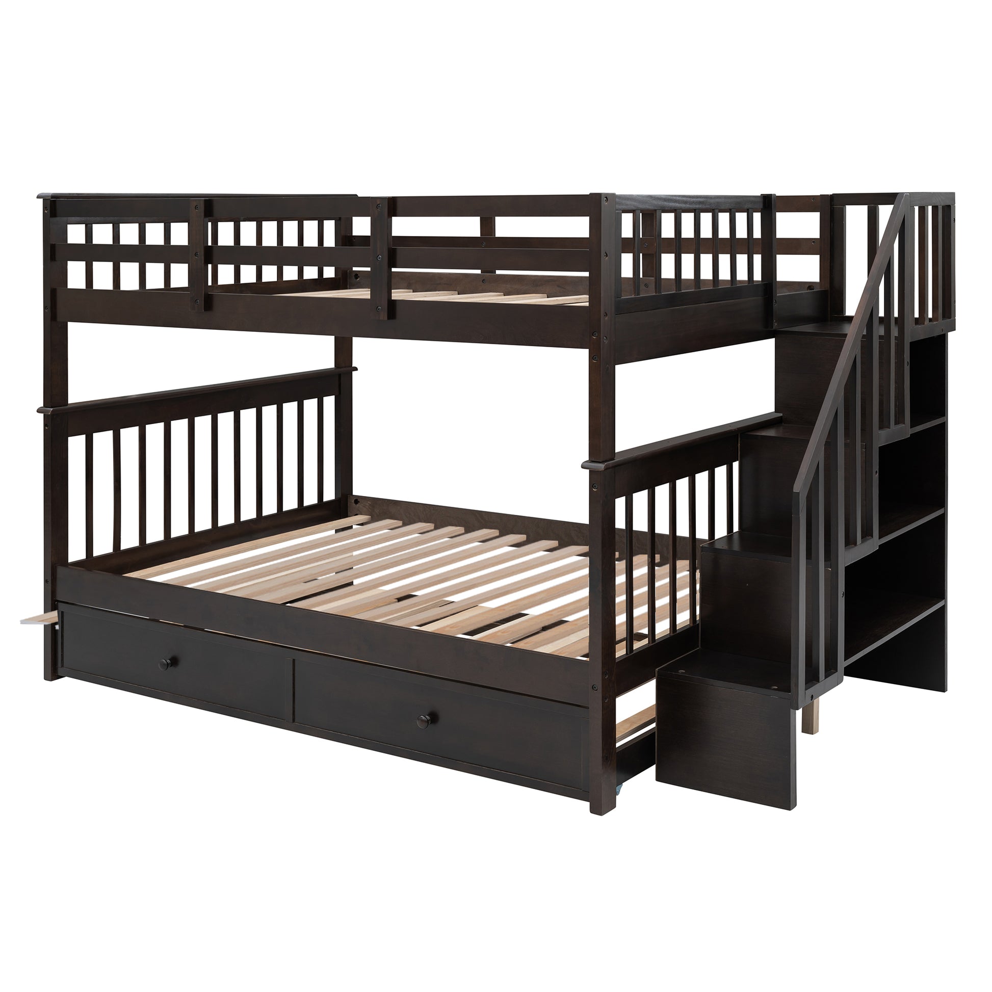 Stairway Full Over Full Bunk Bed With Twin Size Trundle, Storage And Guard Rail For Bedroom, Dorm Espresso Old Sku :Lp001210Aap Espresso Solid Wood