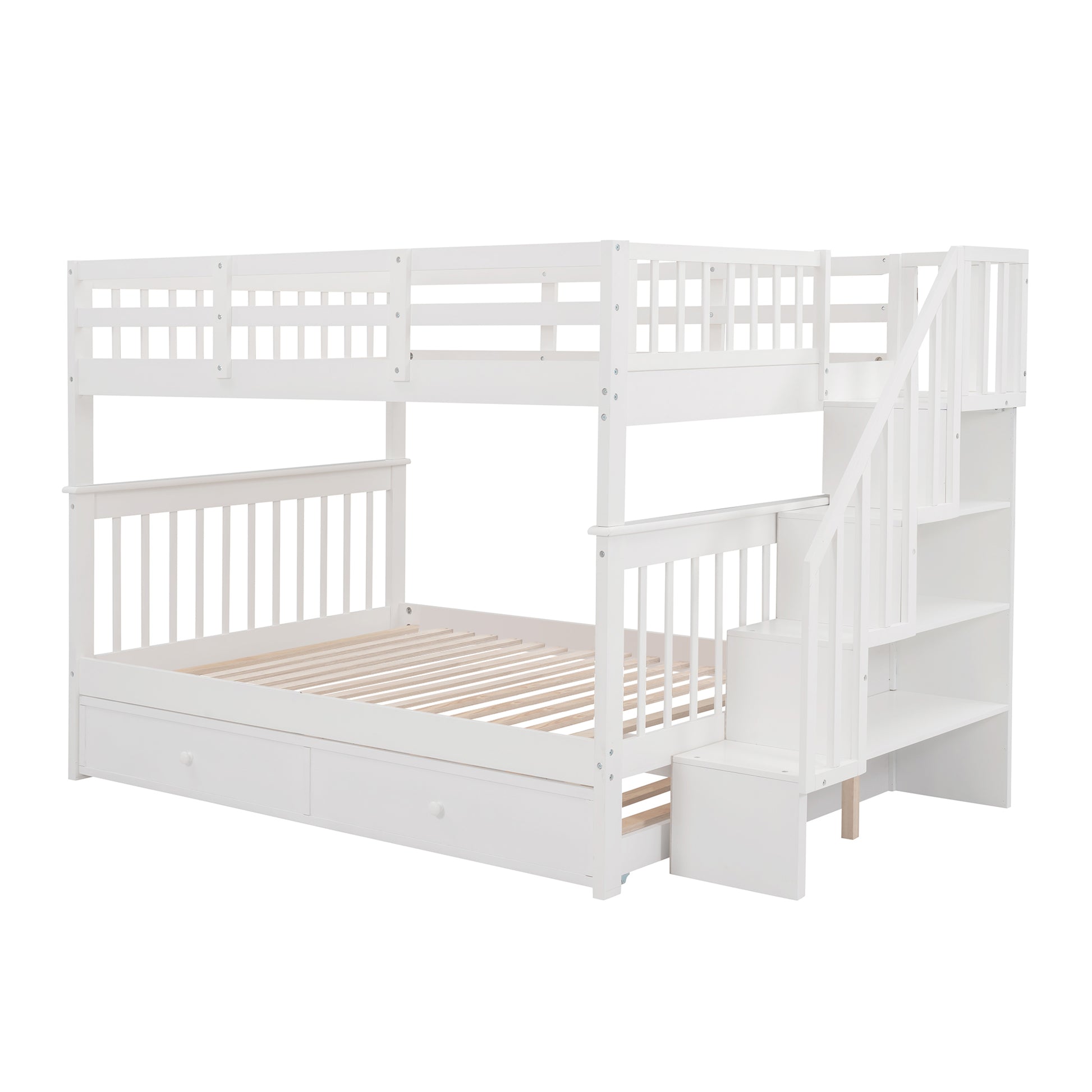 Stairway Full Over Full Bunk Bed With Twin Size Trundle, Storage And Guard Rail For Bedroom, Dorm White Old Sku :Lp001210Aak White Solid Wood