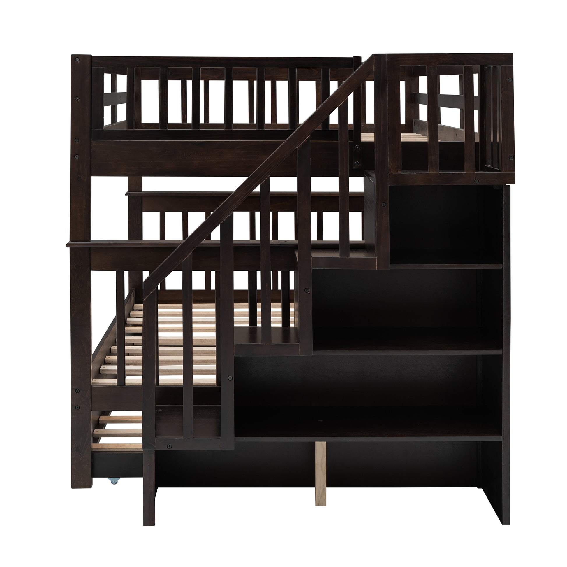 Stairway Full Over Full Bunk Bed With Twin Size Trundle, Storage And Guard Rail For Bedroom, Dorm Espresso Old Sku :Lp001210Aap Espresso Solid Wood