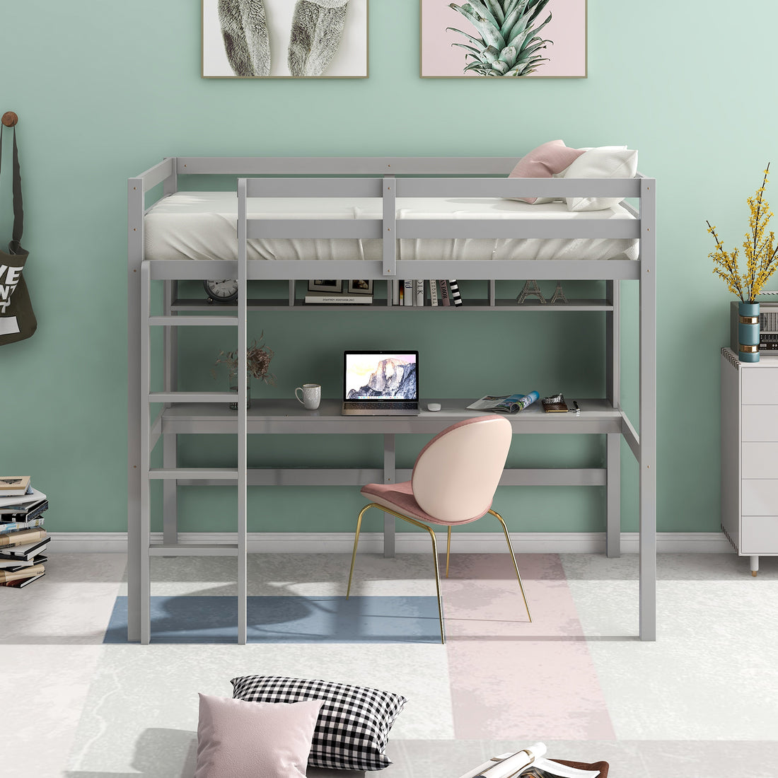 Twin Size Loft Bed With Convenient Desk, Shelves, And Ladder, White Similar Sku:Sm001302Aae Box Spring Not Required Gray Wood Bedroom Pine