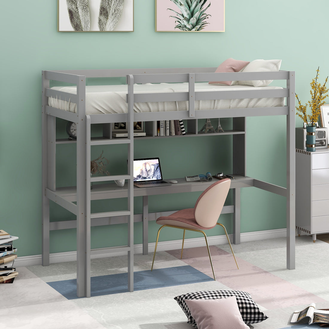 Twin Size Loft Bed With Convenient Desk, Shelves, And Ladder, White Similar Sku:Sm001302Aae Box Spring Not Required Gray Wood Bedroom Pine