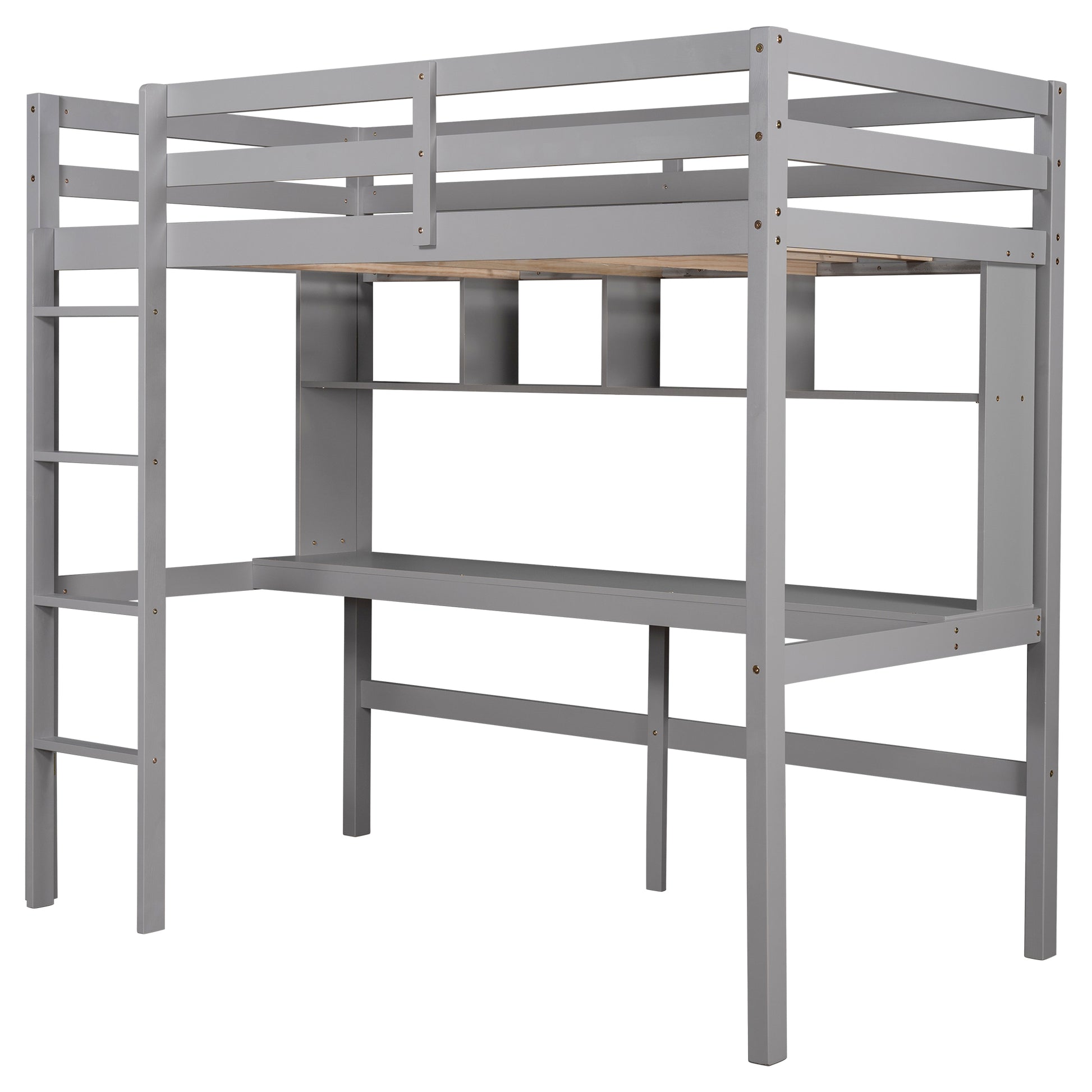 Twin Size Loft Bed With Convenient Desk, Shelves, And Ladder, White Similar Sku:Sm001302Aae Box Spring Not Required Gray Wood Bedroom Pine