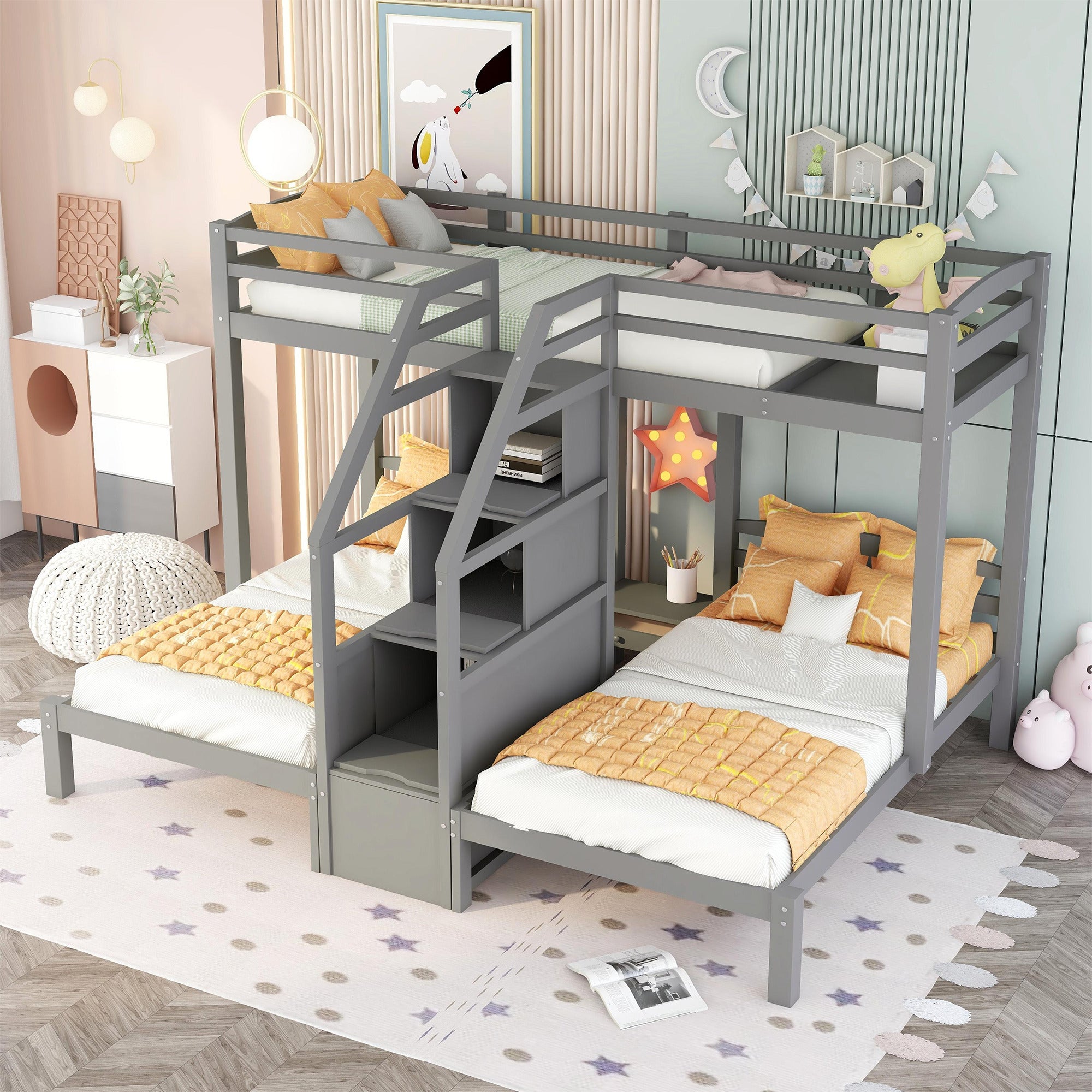 Twin over Twin & Twin Bunk Bed with Built in Staircase gray-pine