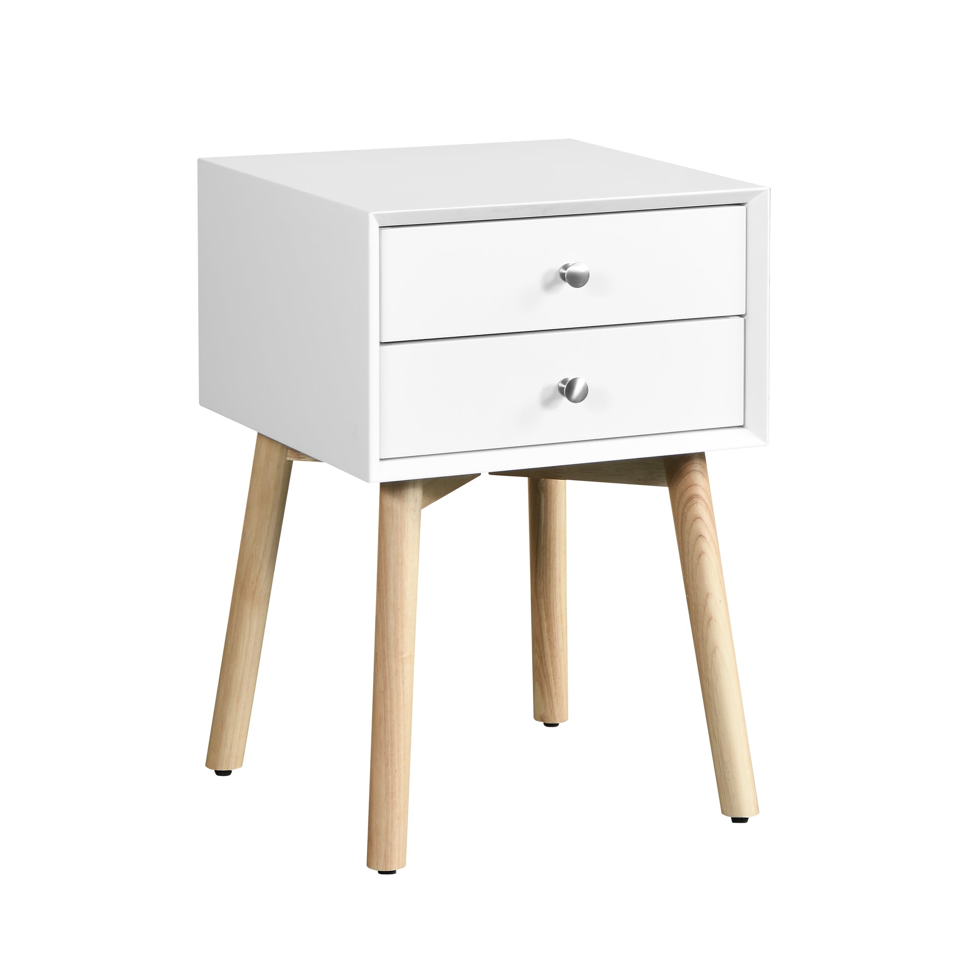 Zfztimber Side Table,Bedside Table With 2 Drawers And Rubber Wood Legs, Mid Century Modern Storage Cabinet For Bedroom Living Room, White White Mdf